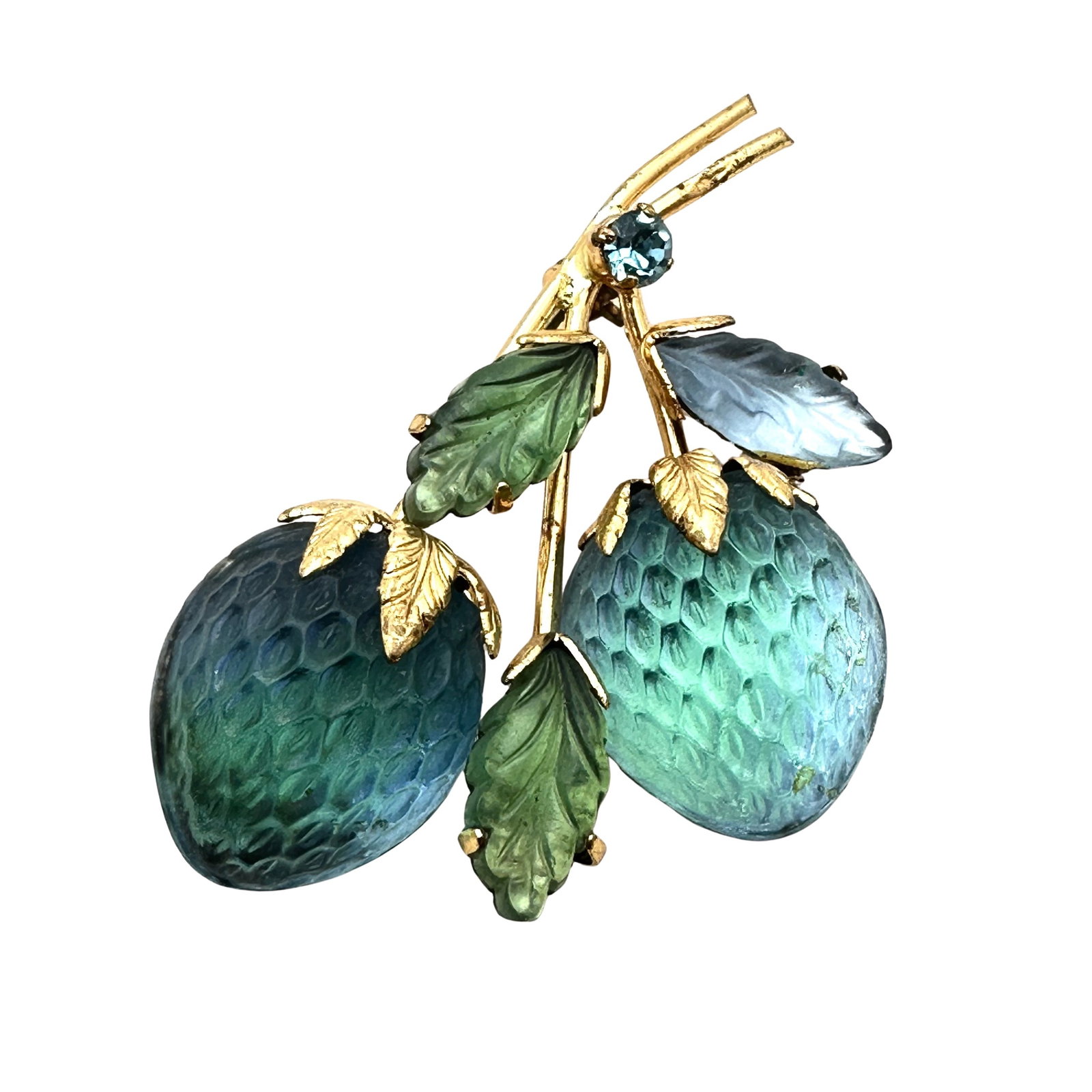 Vintage Austria Blue Green Molded Glass Fruit Brooch Pin Berries Gold Tone 2 Inch: Vintage Austria Blue Green Molded Glass Fruit Brooch Pin Berries Gold Tone 2 Inch