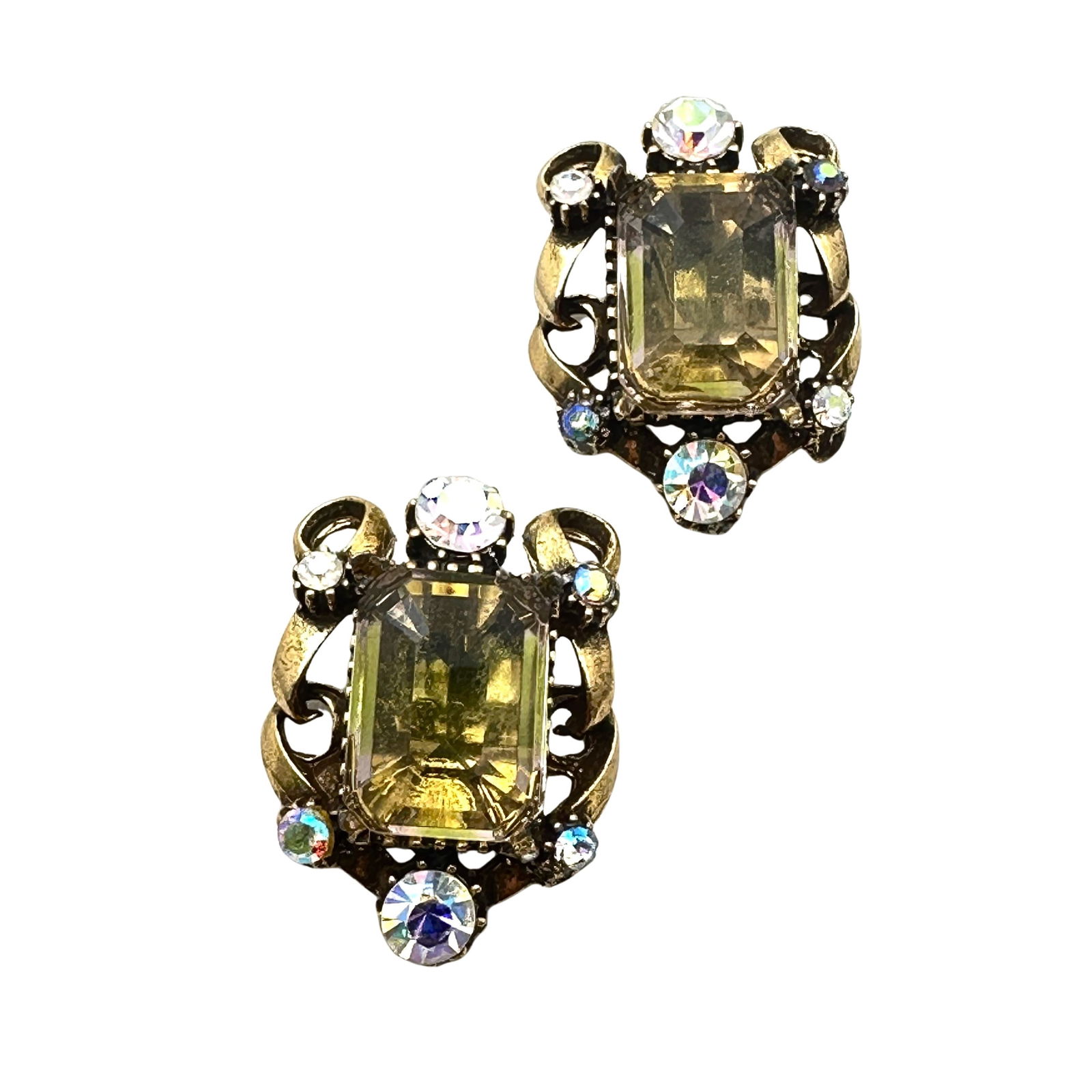 Vintage Florenza Yellow Aurora Borealis Glass Rhinestone Gold Tone Clip Earrings 1.5 Inch: Vintage Florenza Yellow Aurora Borealis Glass Rhinestone Gold Tone Clip Earrings 1.5 Inch
