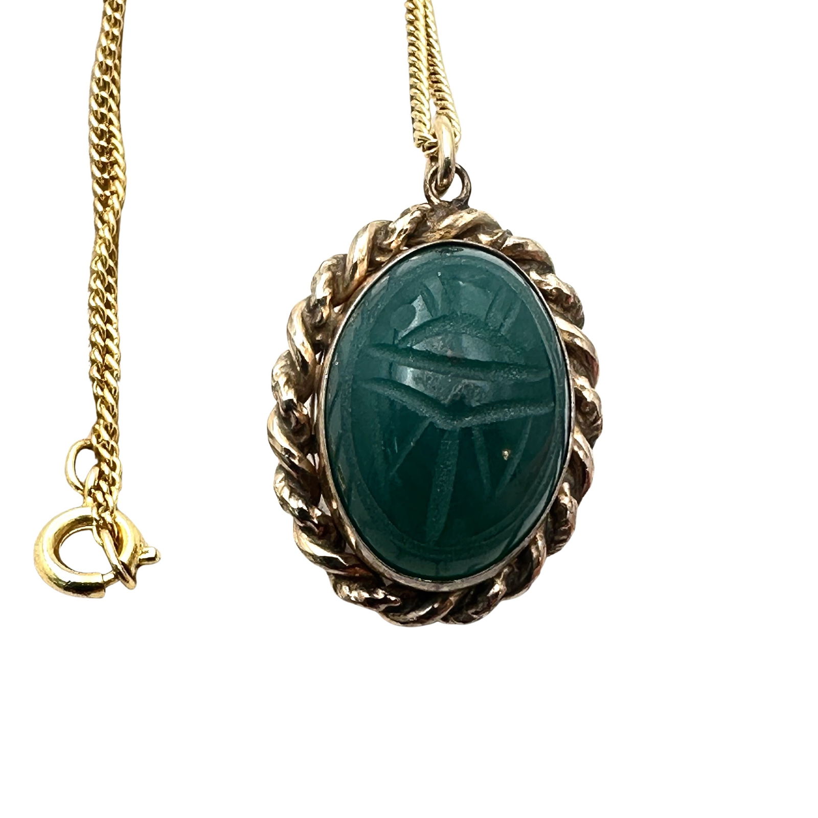 Vintage Tiger Eye Green Jade Reversible Carved Scarab Gold Filled Pendant Necklace 18 inch Chain (1 of 2)