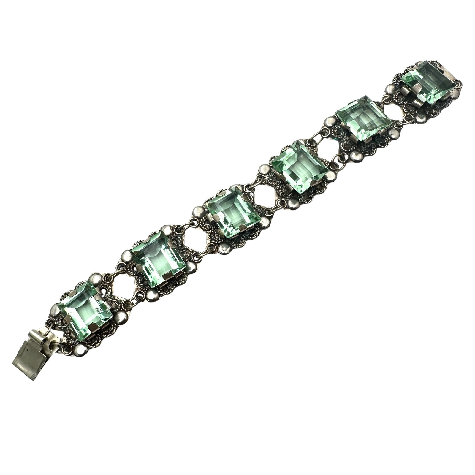 Vintage Mexico Sterling Silver Green Glass Stones Bracelet 7 Inch 36 Grams: Vintage Mexico Sterling Silver Green Glass Stones Bracelet 7 Inch 36 Grams
