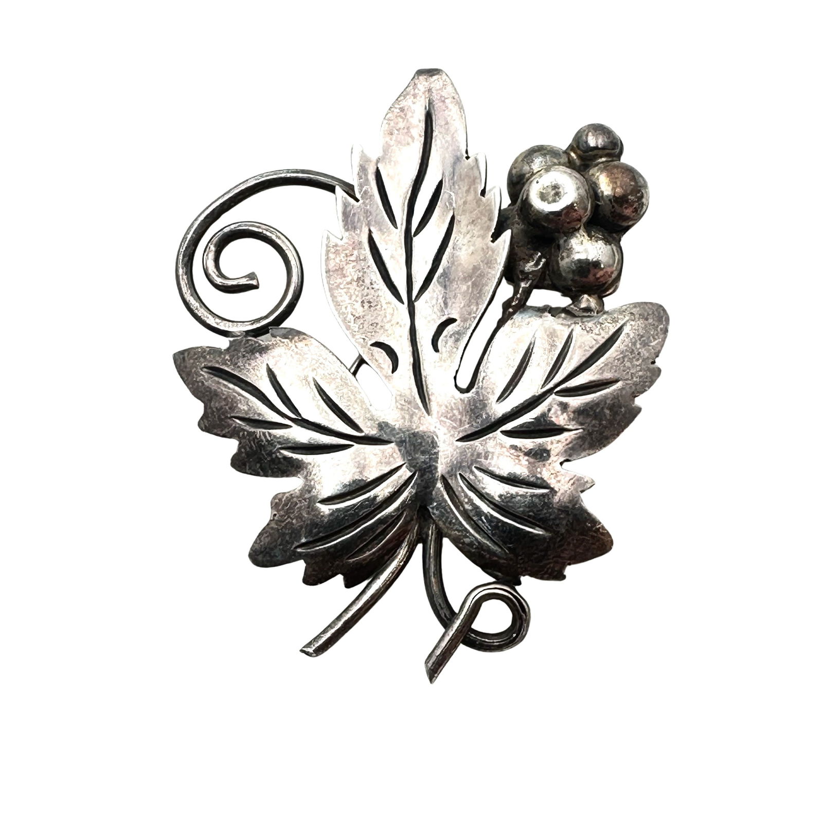 Vintage Taxco Mexico Sterling Silver Brooch Pin Leaf Berries Design 2 Inch (1 of 2)