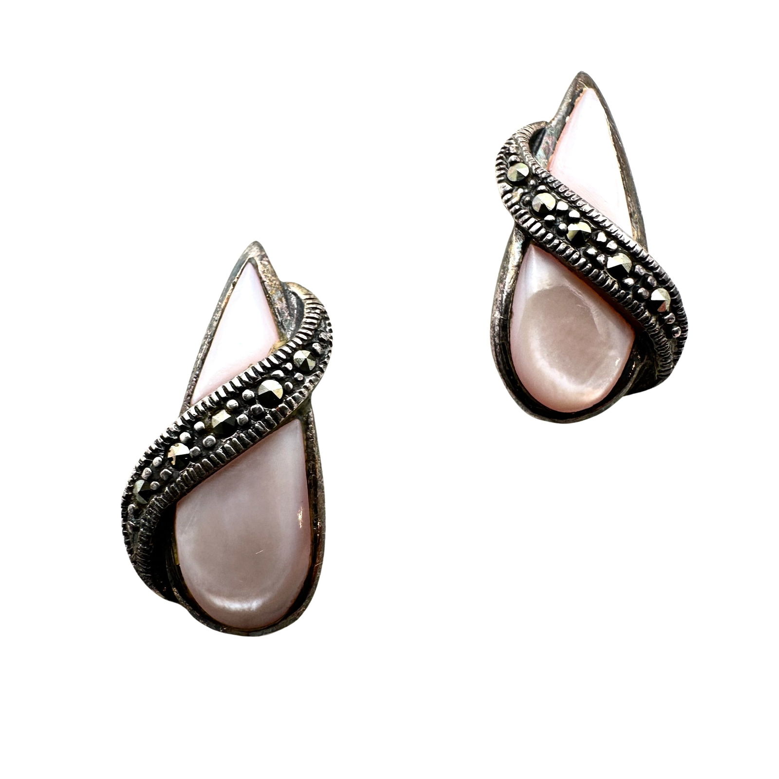 Vintage Pink Pearl Marcasite Sterling Silver Pierced Earrings: Vintage Pink Pearl Marcasite Sterling Silver Pierced Earrings