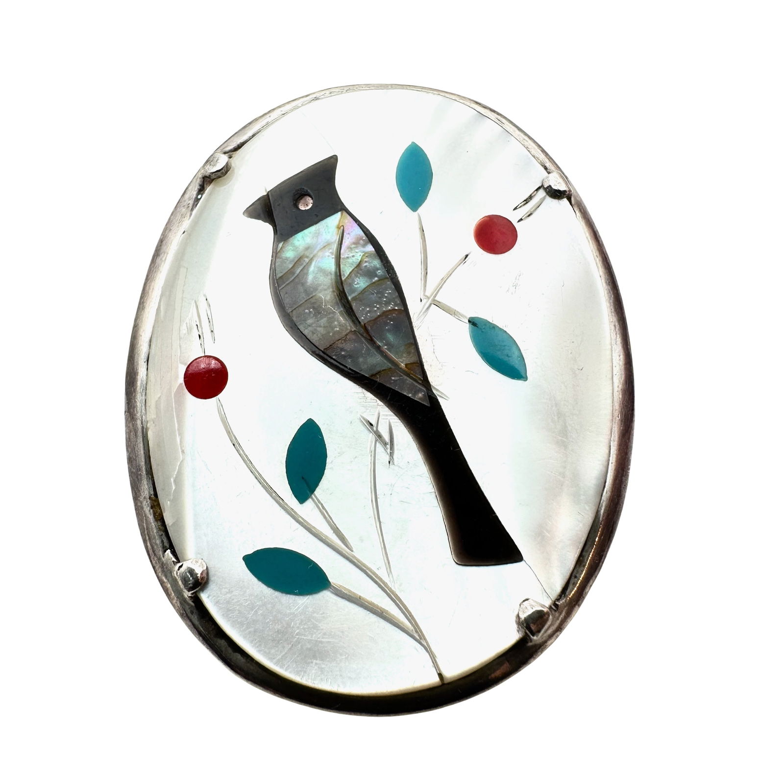 Vintage American Southwest Sterling Silver Inlay Gemstone Bird Pin Brooch 1.5 Inch (1 of 2)