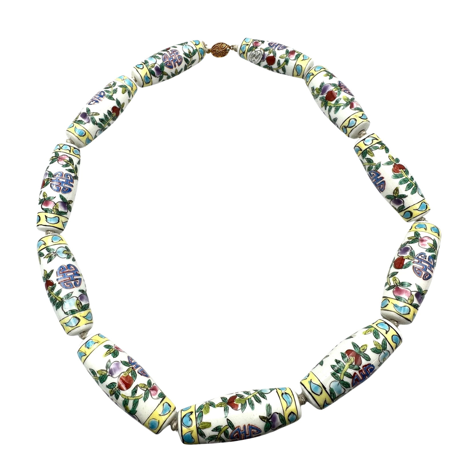 Vintage Chinese Export Large Painted Porcelain Beads Gold Vermeil Clasp 24 Inch (1 of 2)