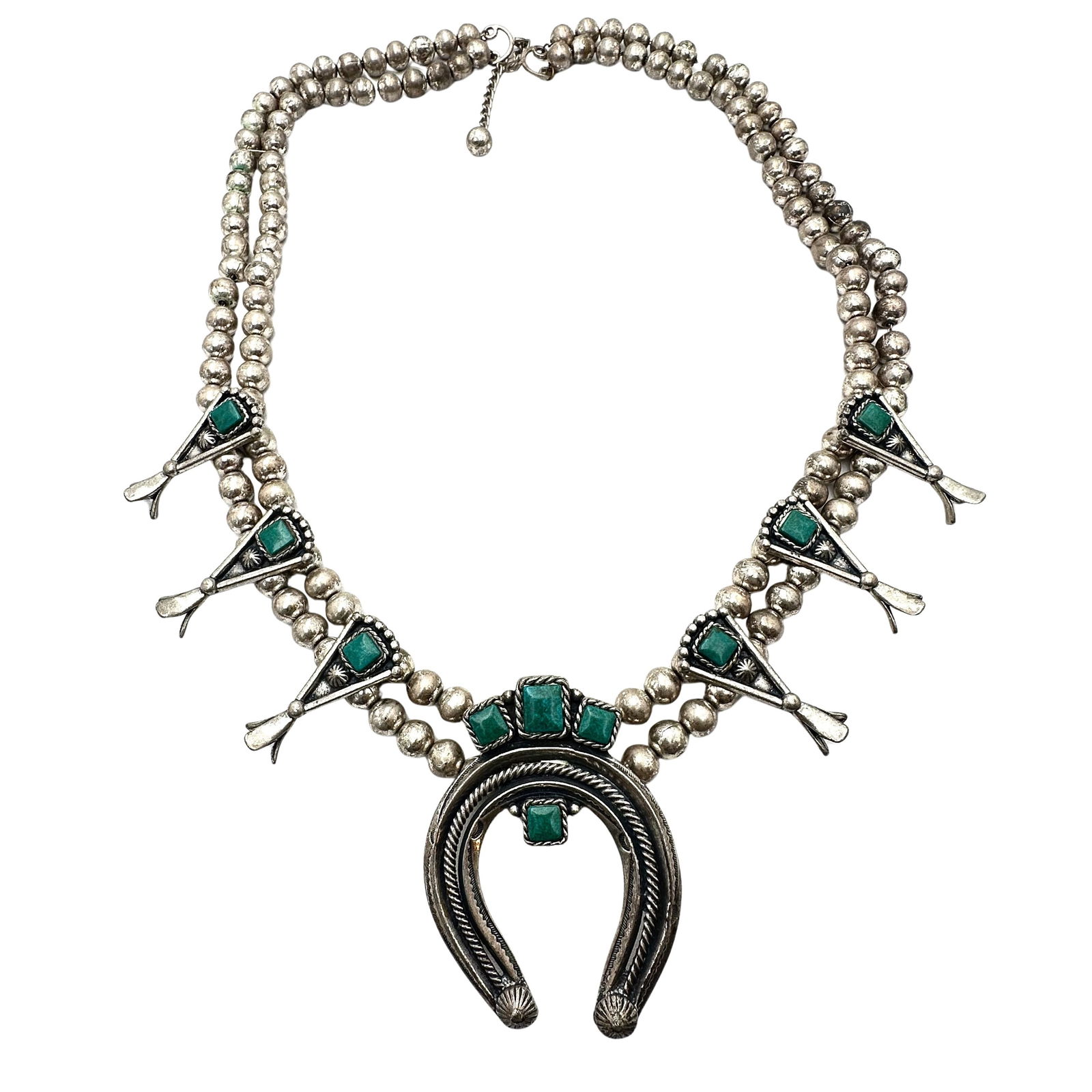 Vintage Sancrest R Squash Blossom Style Necklace Silver Tone Faux Turquoise 25 Inch Statement (1 of 3)