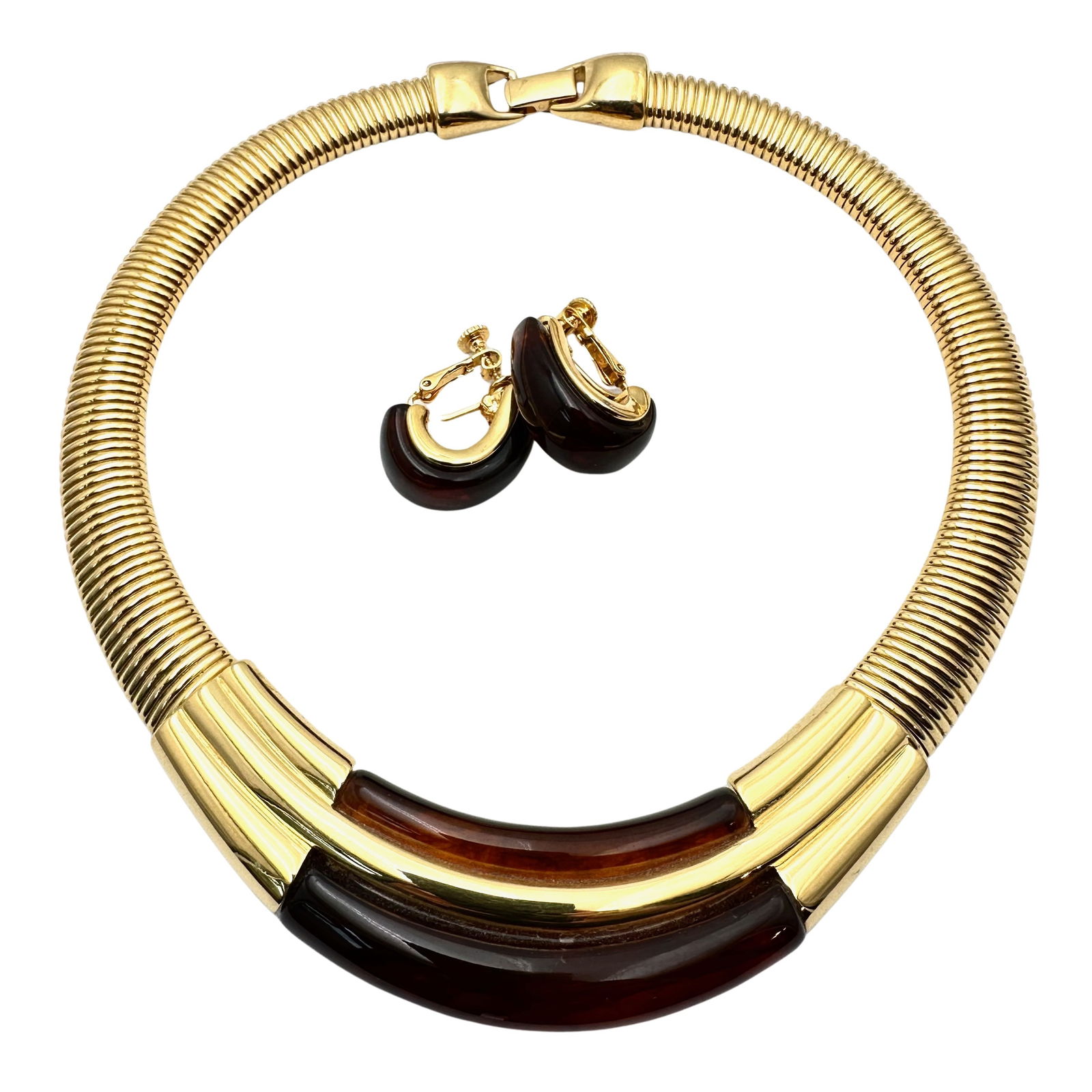 Vintage Napier Necklace Clip Earrings Set Faux Tortoise Gold Tone Tobagas Choker Excellent Condition (1 of 2)