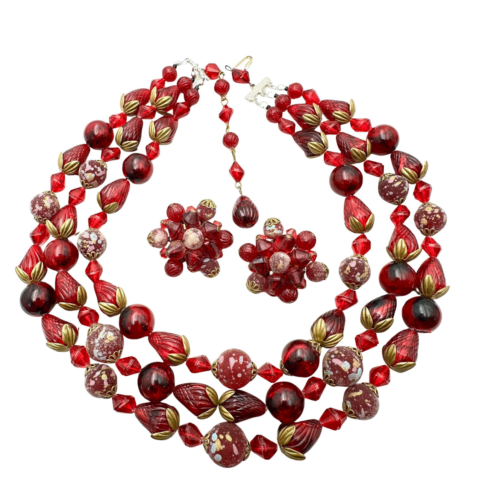 Vintage West Germany Triple Strand Necklace Red Antiqued Gold Tone 16 to 18 Inch Clip Earrings Set (1 of 2)