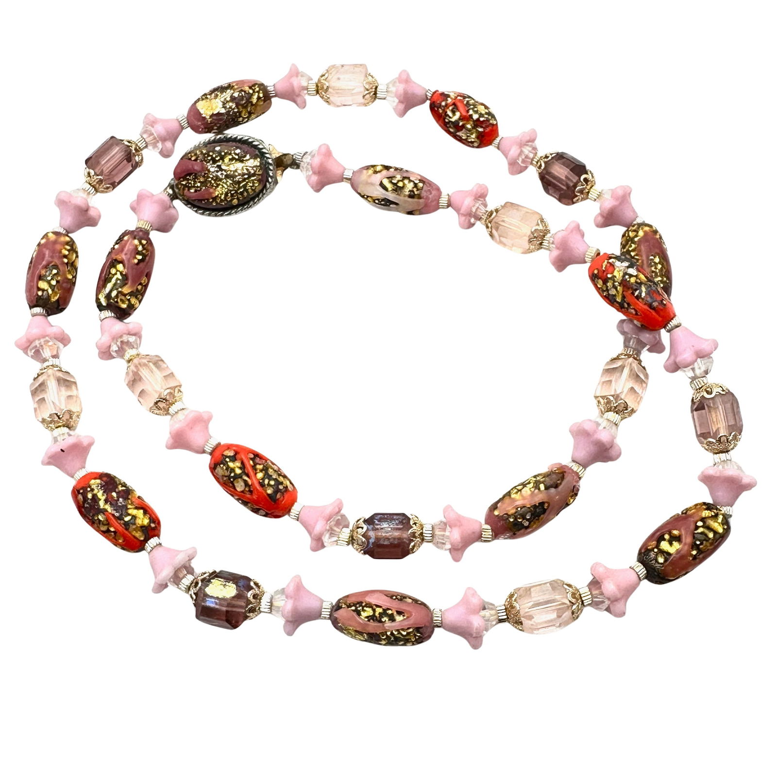Antique Vintage Pink Red Italian Art Glass Flower Bead Gold Tone 24 Inch Necklace (1 of 3)