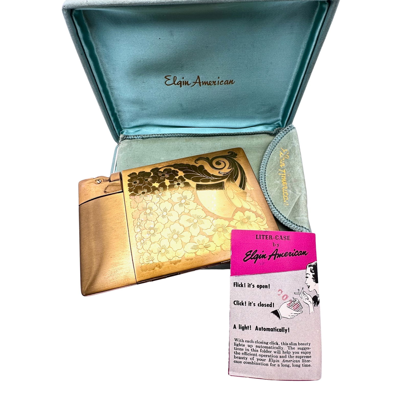 Vintage Elgin American Liter Case Gold tone Original Box Paperwork (1 of 2)