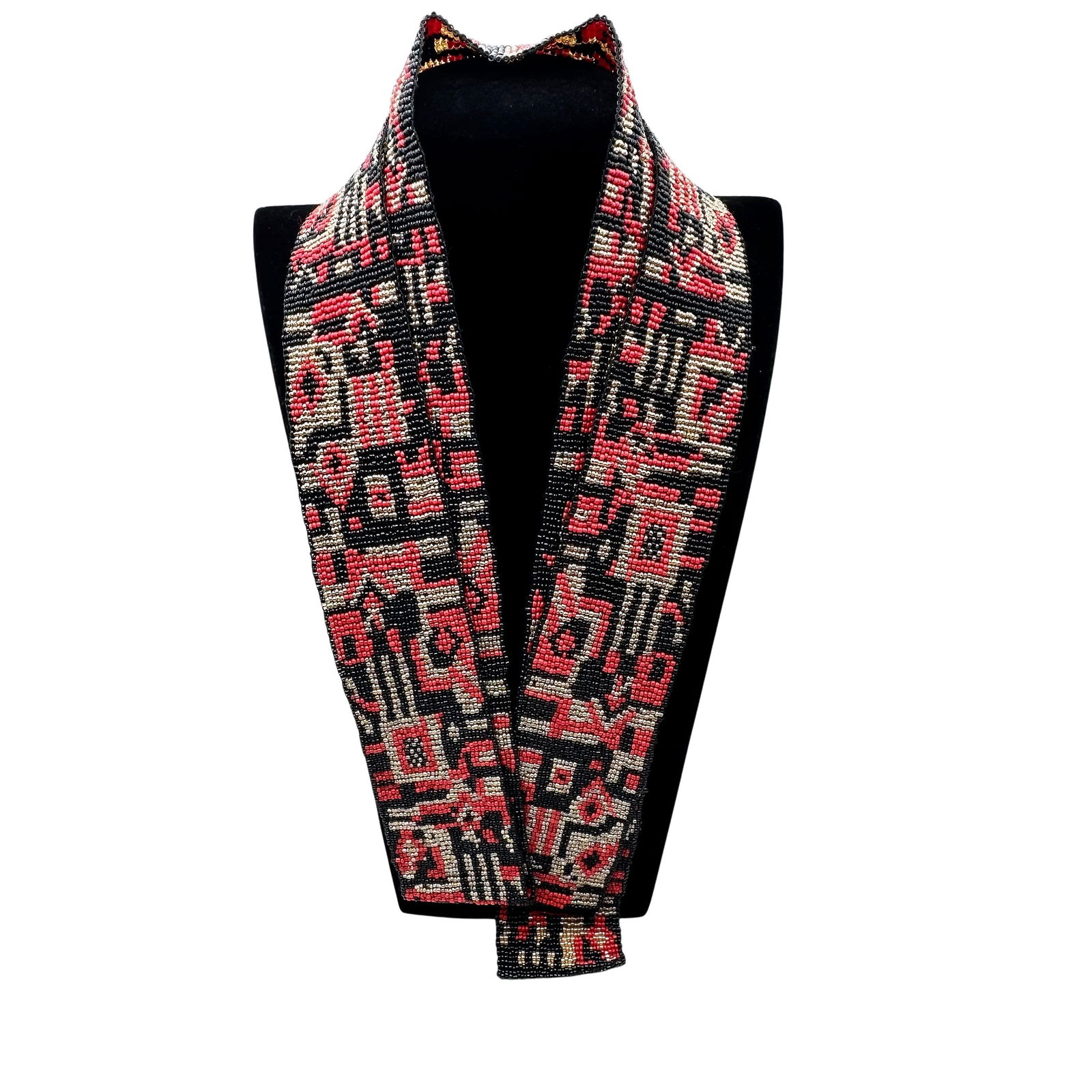 Vintage Glass Seed Bead Belt or Necklace Black Gold Red 60 Inch Length Excellent Condition (1 of 2)