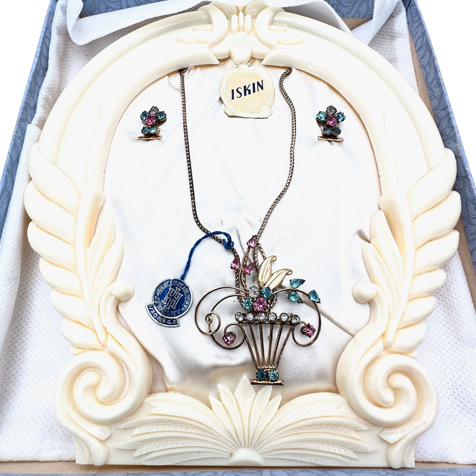 Antique Vintage Gold Filled Rhinestone Necklace Earrings Set in Original Box with Frame: Antique Vintage Gold Filled Rhinestone Necklace Earrings Set in Original Box with Frame