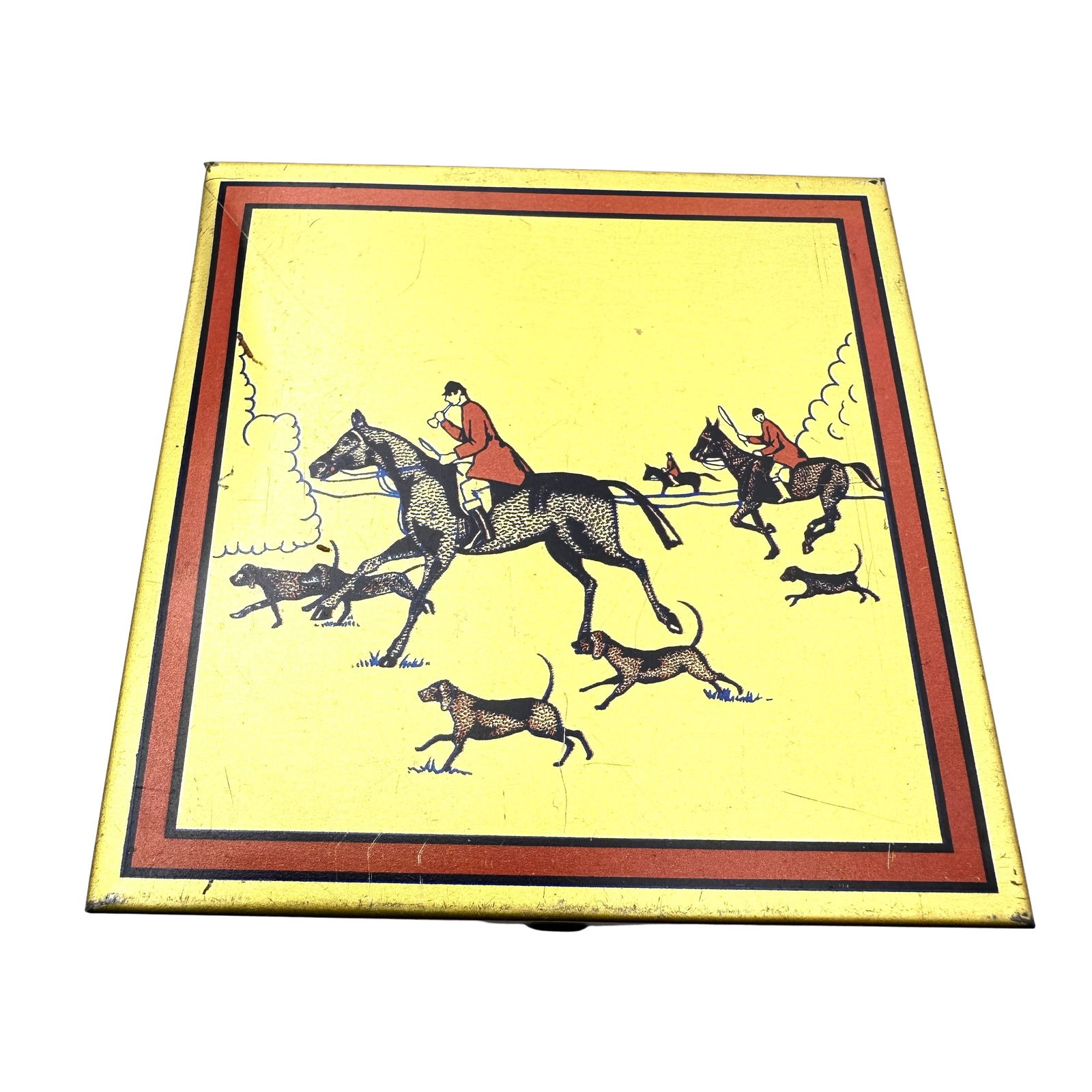 Vintage Metal Box Equestrian Hunting Scene Dogs Horses 3.5 Inch (1 of 3)