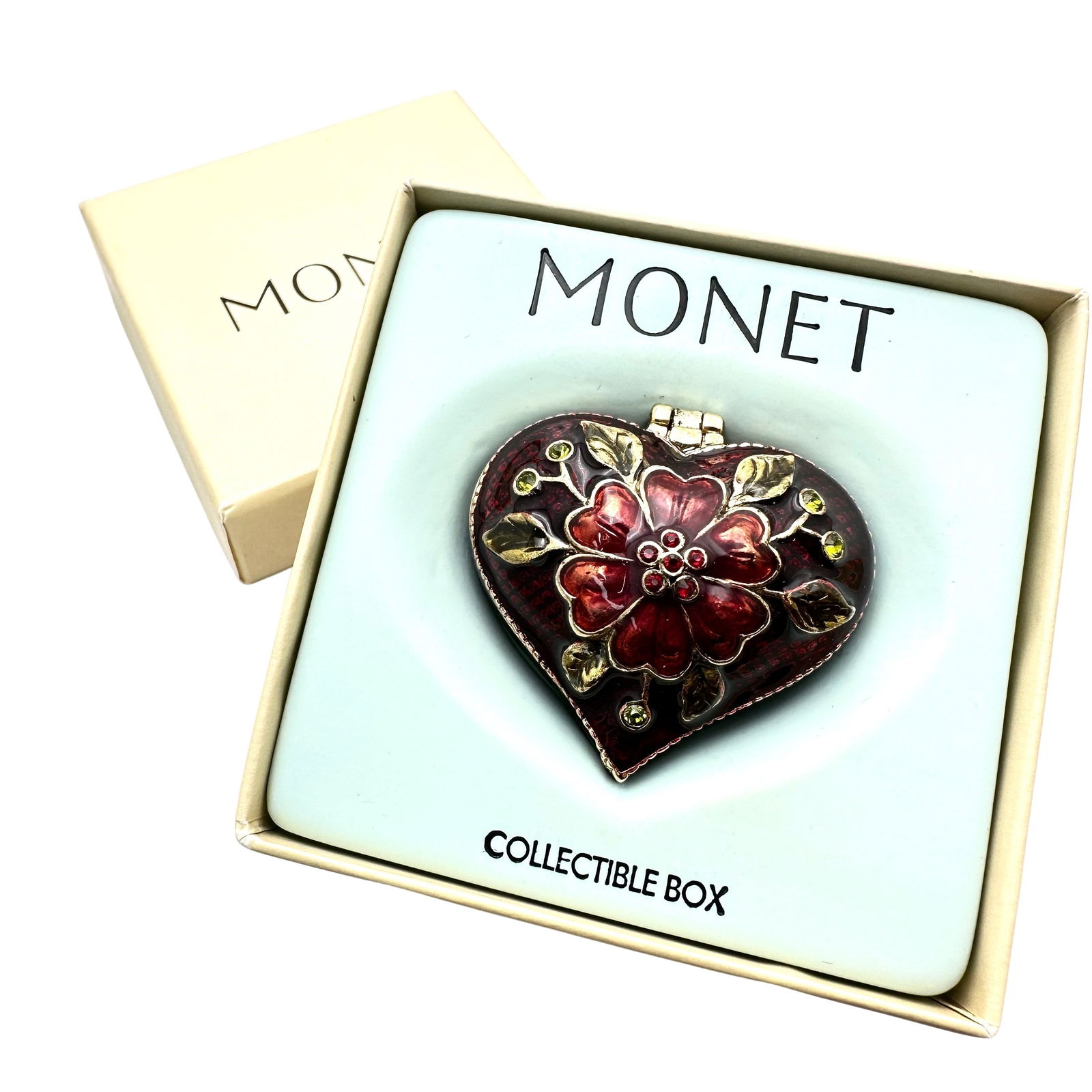 Vintage Monet Trinket Ring Box Original Box Heart Flower Design Enamel Gold Tone: Vintage Monet Trinket Ring Box Original Box Heart Flower Design Enamel Gold Tone