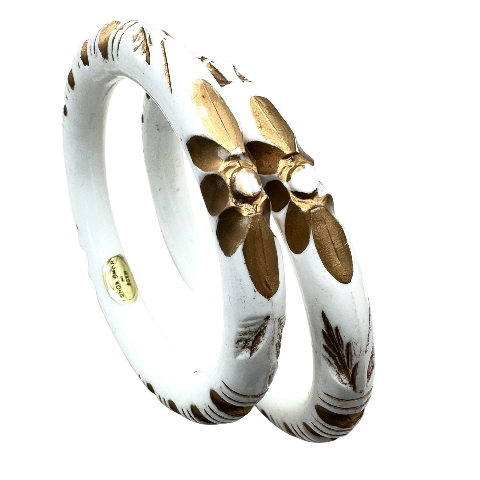 Vintage Pair of Celluloid Bangle Bracelets Gold Painted Flower Design (1 of 2)
