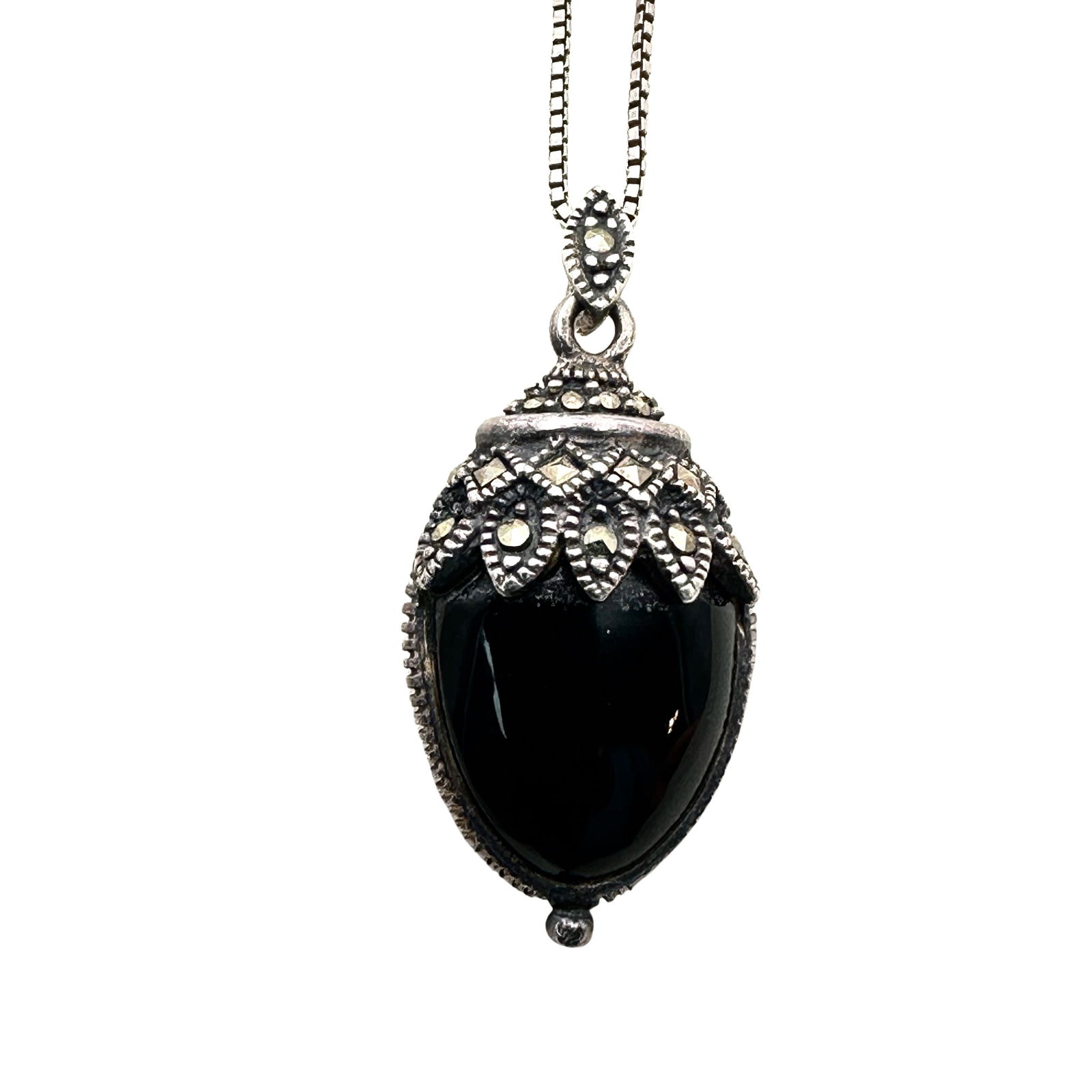 Vintage Black Onyx Pearl Reversible Pendant Marcasite Sterling Silver Necklace Chain 16 Inch: Vintage Black Onyx Pearl Reversible Pendant Marcasite Sterling Silver Necklace Chain 16 Inch
