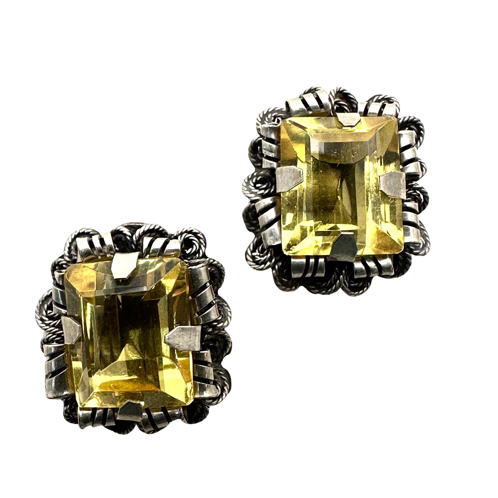 Vintage Mexico Yellow Glass Stone Sterling Silver Screw Back Earrings: Vintage Mexico Yellow Glass Stone Sterling Silver Screw Back Earrings