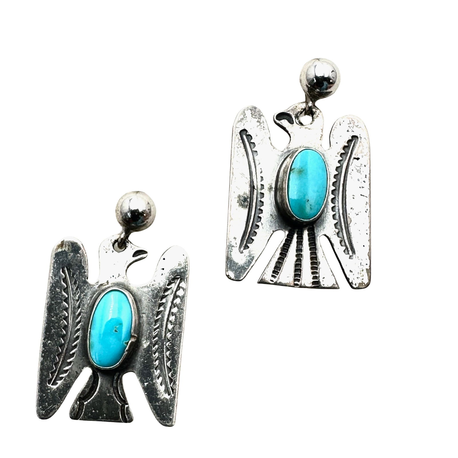 Vintage Sterling Silver Turquoise Pierced Earrings Thunder Bird Design 1 Inch American Southwest (1 of 2)