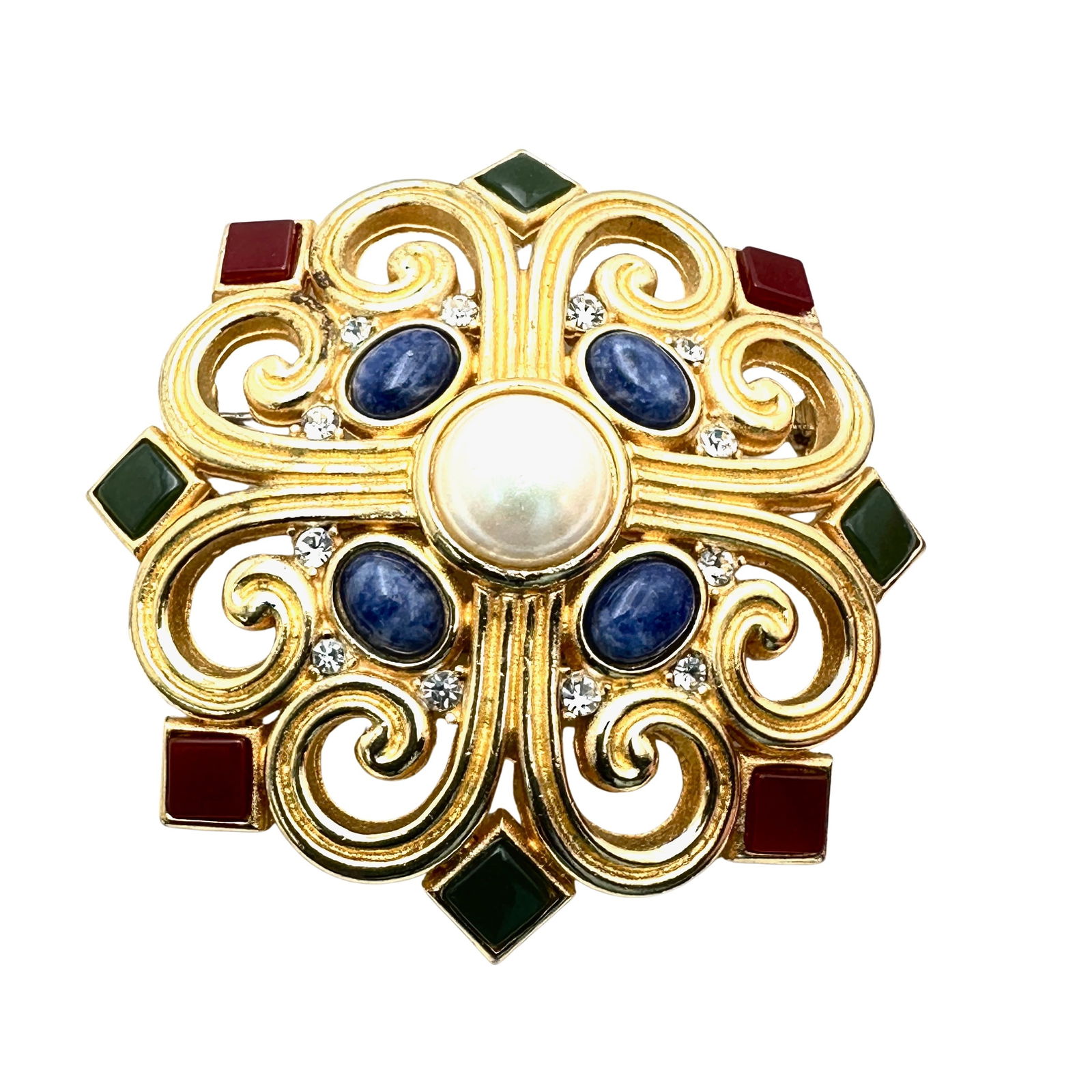 Vintage Jewel Tone Gemstone Enamel Faux Pearl Gold Tone Maltese Cross Brooch Pin 2.5 Inch: Vintage Jewel Tone Gemstone Enamel Faux Pearl Gold Tone Maltese Cross Brooch Pin 2.5 Inch