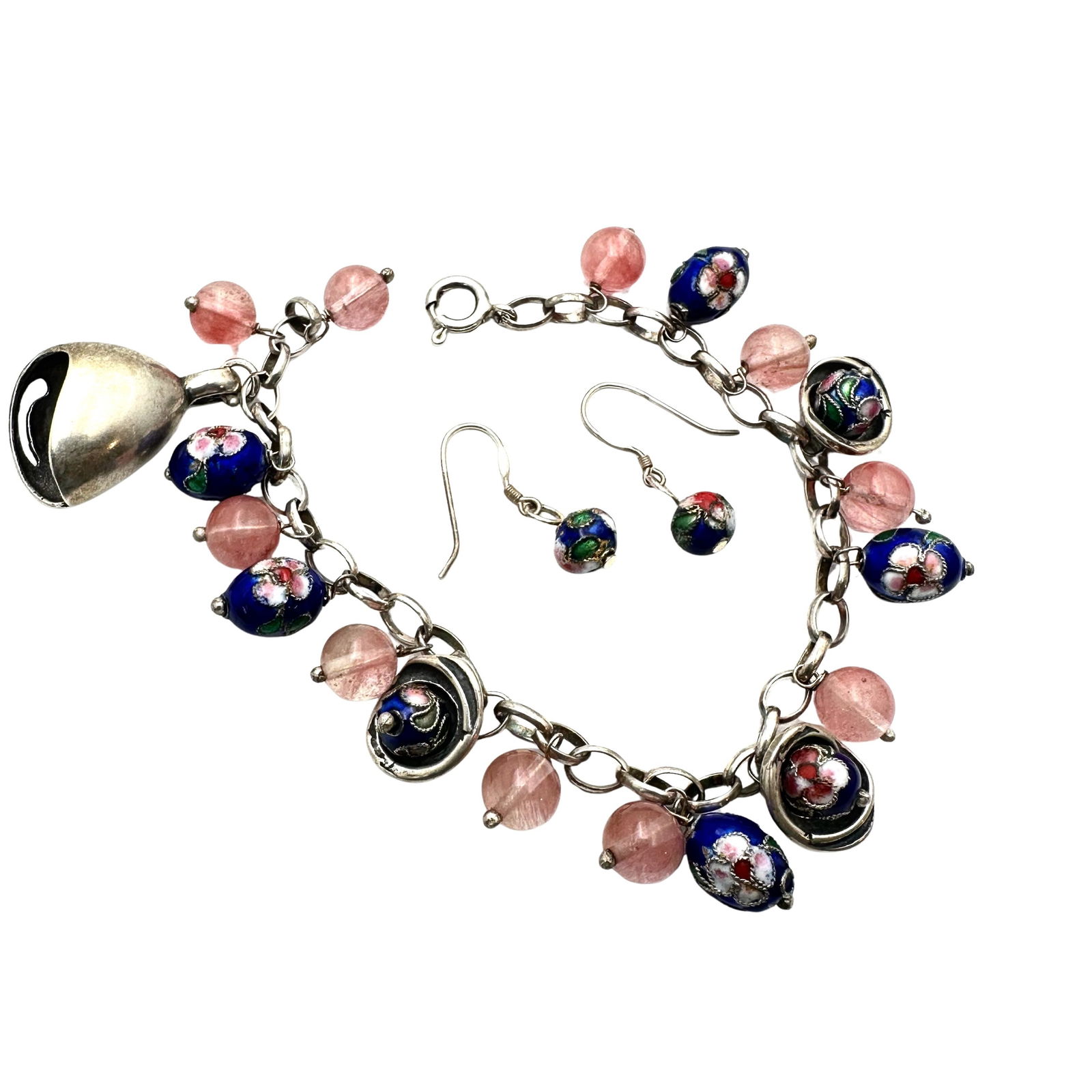 Vintage Sterling Silver Charm Bracelet Cloisonne Art Glass 7.5 Inch: Vintage Sterling Silver Charm Bracelet Cloisonne Art Glass 7.5 Inch