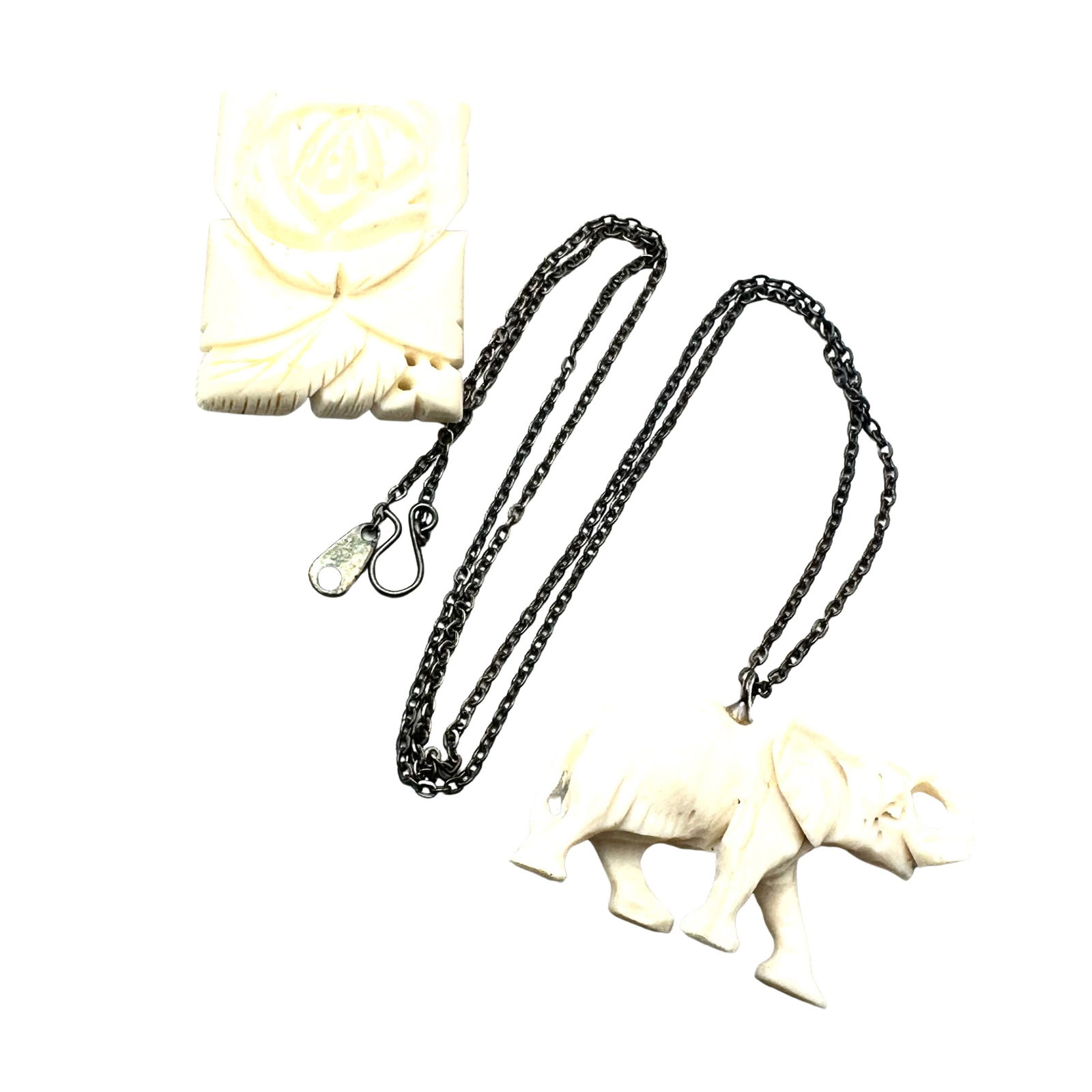 Vintage Carved Elephant Pendant Sterling Silver Chain 18 Inch and Fur Dress Clip (1 of 2)