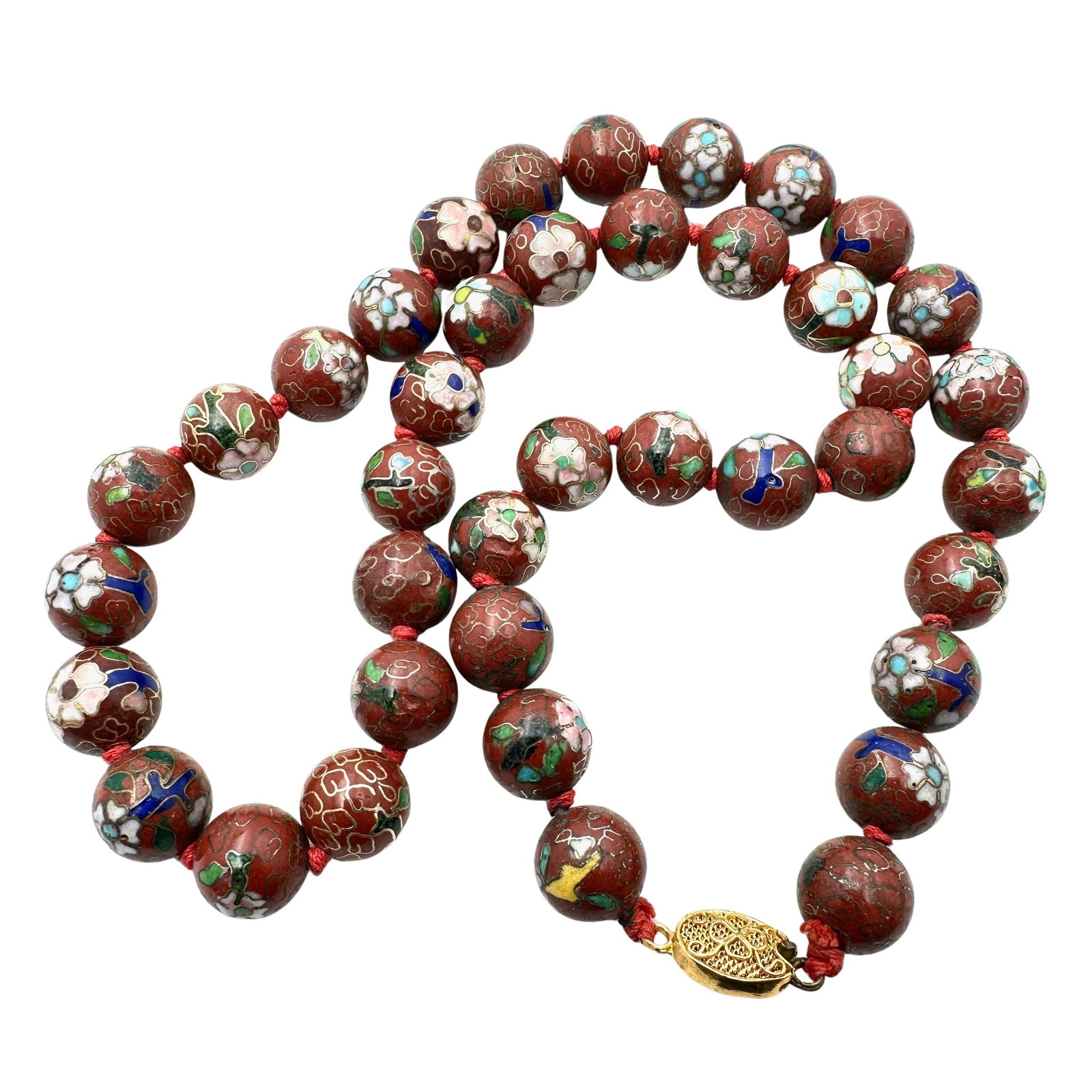 Vintage Chinese Export Cloisonne Bead Necklace 22 Inch Gold Vermeil Clasp: Vintage Chinese Export Cloisonne Bead Necklace 22 Inch Gold Vermeil Clasp