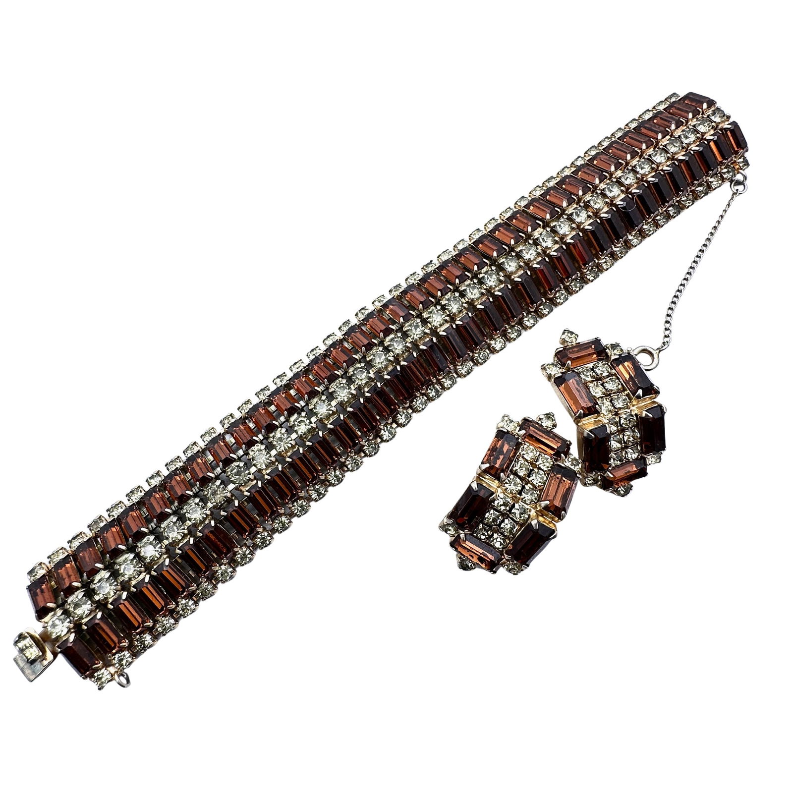 Vintage Kramer Amber Colored Glass Light Yellow Wide 7 Inch Bracelet Gold Tone Clip Earrings Set (1 of 2)