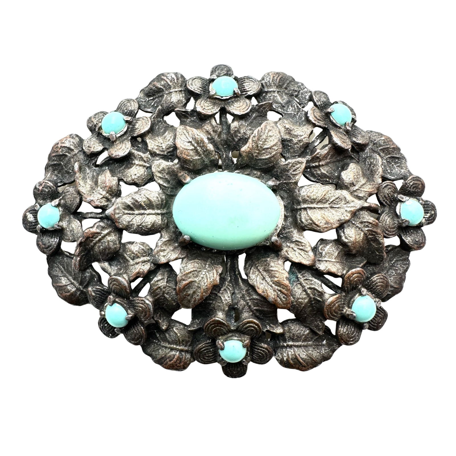 Antique Vintage Silver Tone Turquoise Glass Stone Brooch Pin 3 Inch (1 of 2)