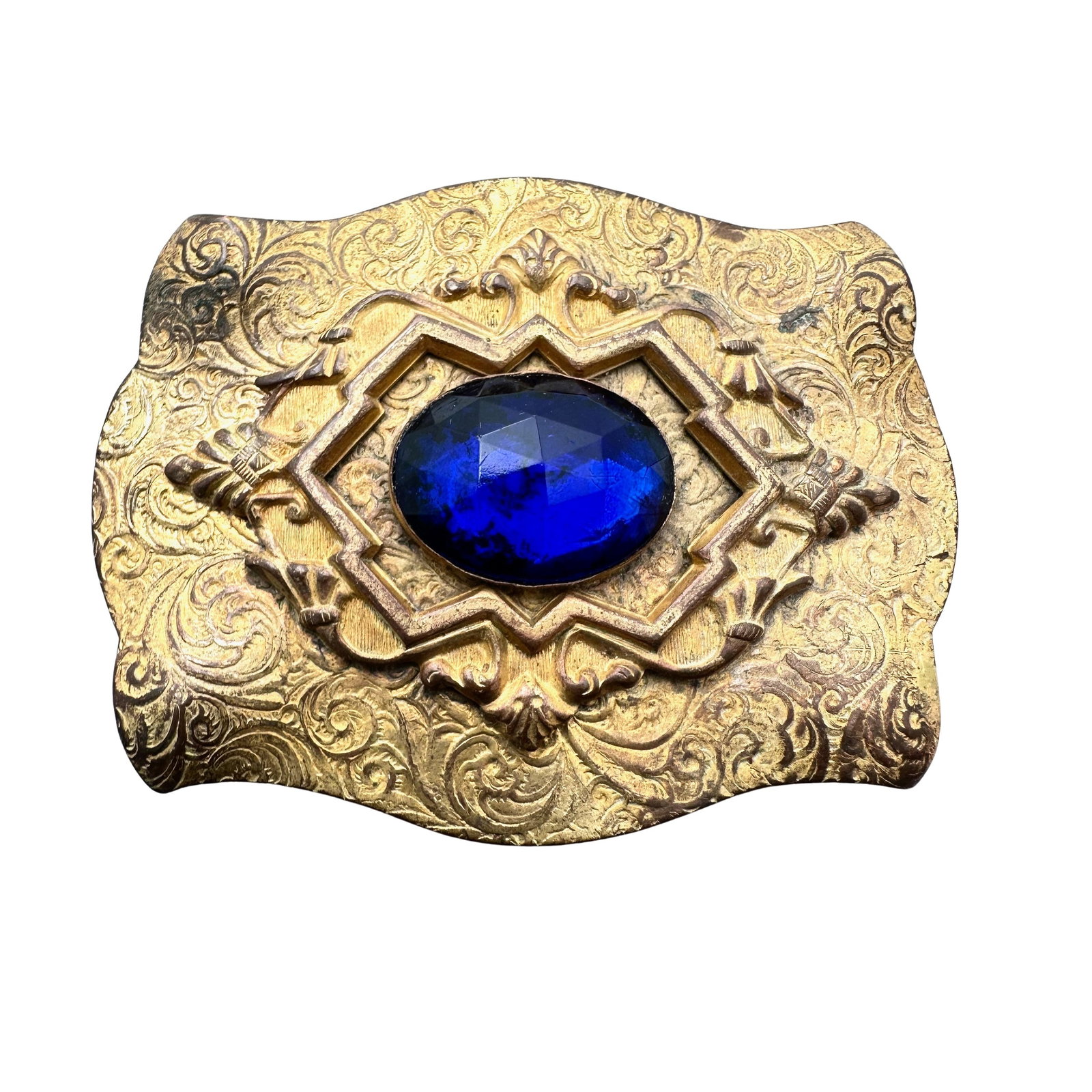 Antique Victorian Gold Tone Blue Czech Glass Brooch Pin 2.5 Inch: Antique Victorian Gold Tone Blue Czech Glass Brooch Pin 2.5 Inch