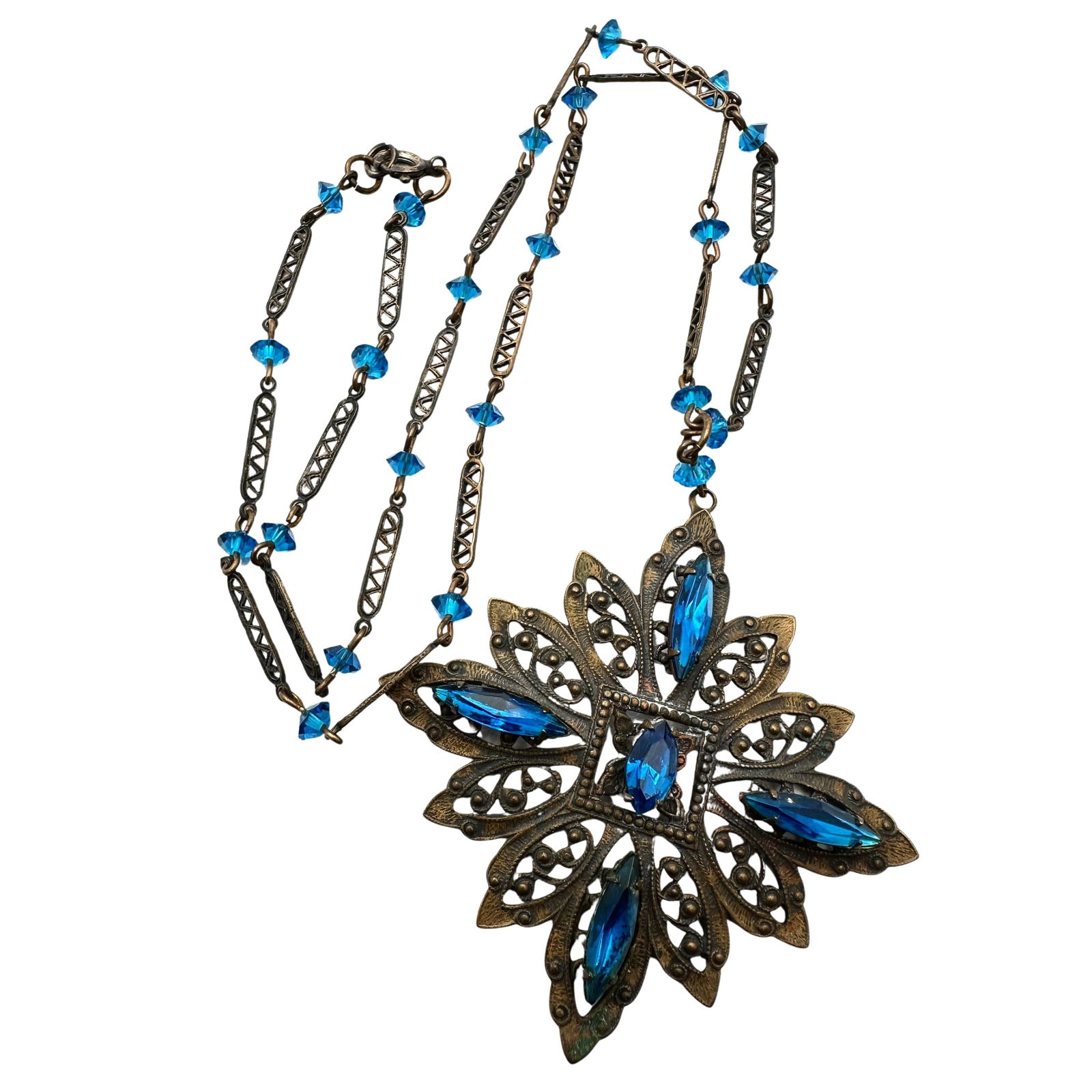 Antique Art Deco Blue Czech Glass Antique Gold Tone Metal Necklace 20 Inch Chain 2.5 Inch Pendant: Antique Art Deco Blue Czech Glass Antique Gold Tone Metal Necklace 20 Inch Chain 2.5 Inch Pendant