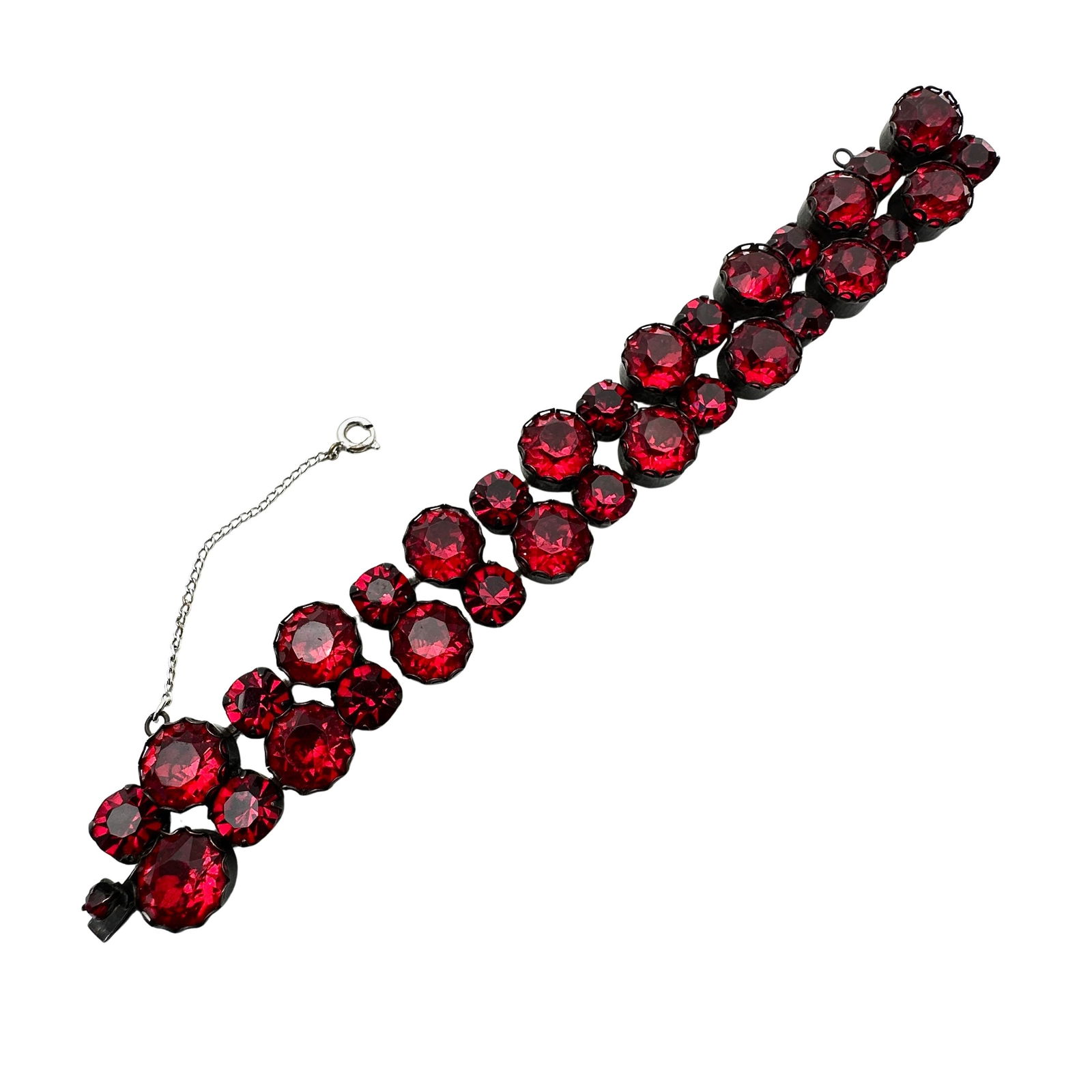 Vintage Juliana? Red Glass Rhinestone Black Japanned Silver Tone Metal Bracelet 7 Inch (1 of 2)