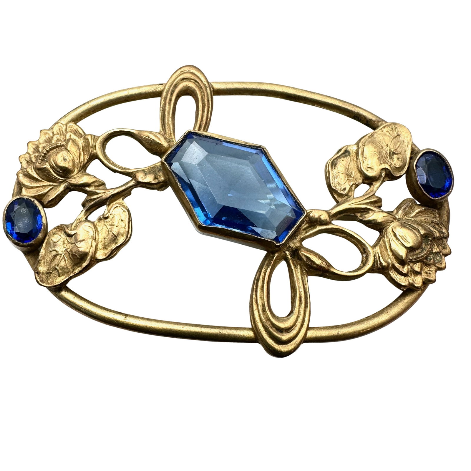 Antique Victorian Blue Czech Glass Gold tone Brooch Pin 3 Inch: Antique Victorian Blue Czech Glass Gold tone Brooch Pin 3 Inch