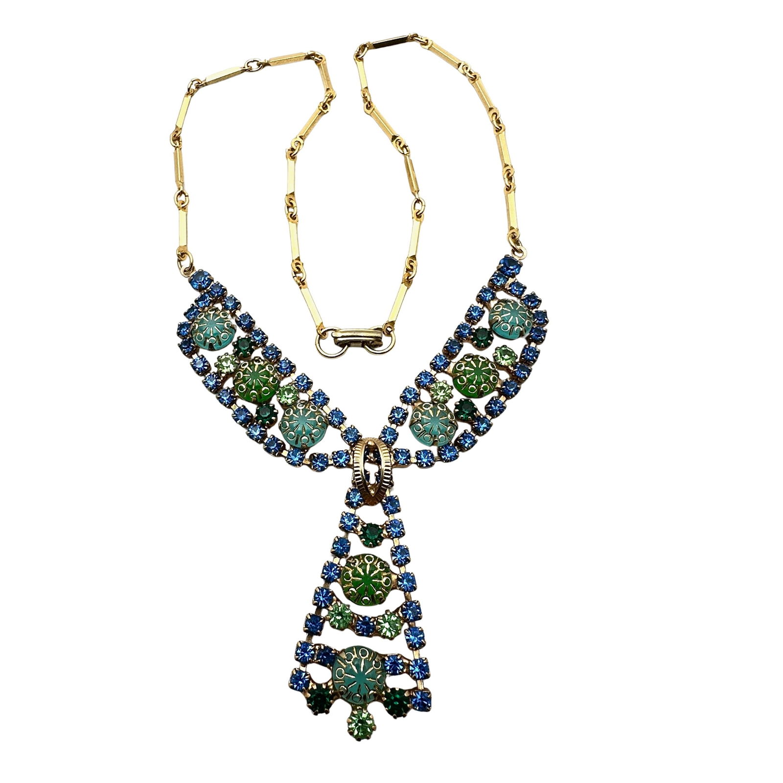 Vintage Blue Green Pressed Glass Rhinestone Gold Tone Necklace 16 Inch (1 of 2)