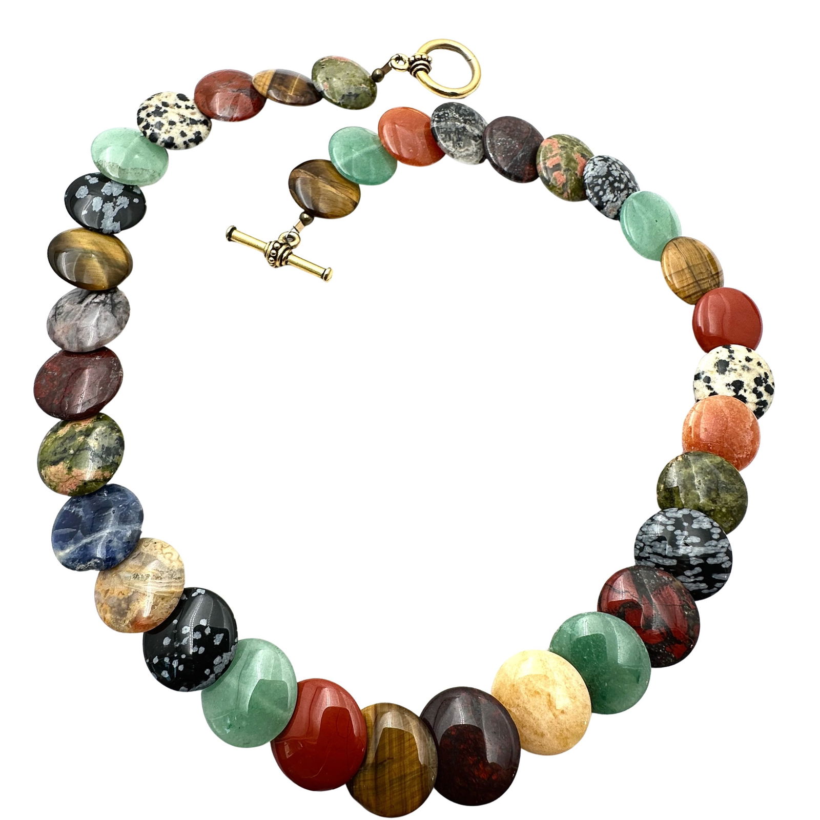 Natural Gemstone Round Disc Bead Gold Tone Toggle Clasp Necklace 18 Inch: Natural Gemstone Round Disc Bead Gold Tone Toggle Clasp Necklace 18 Inch