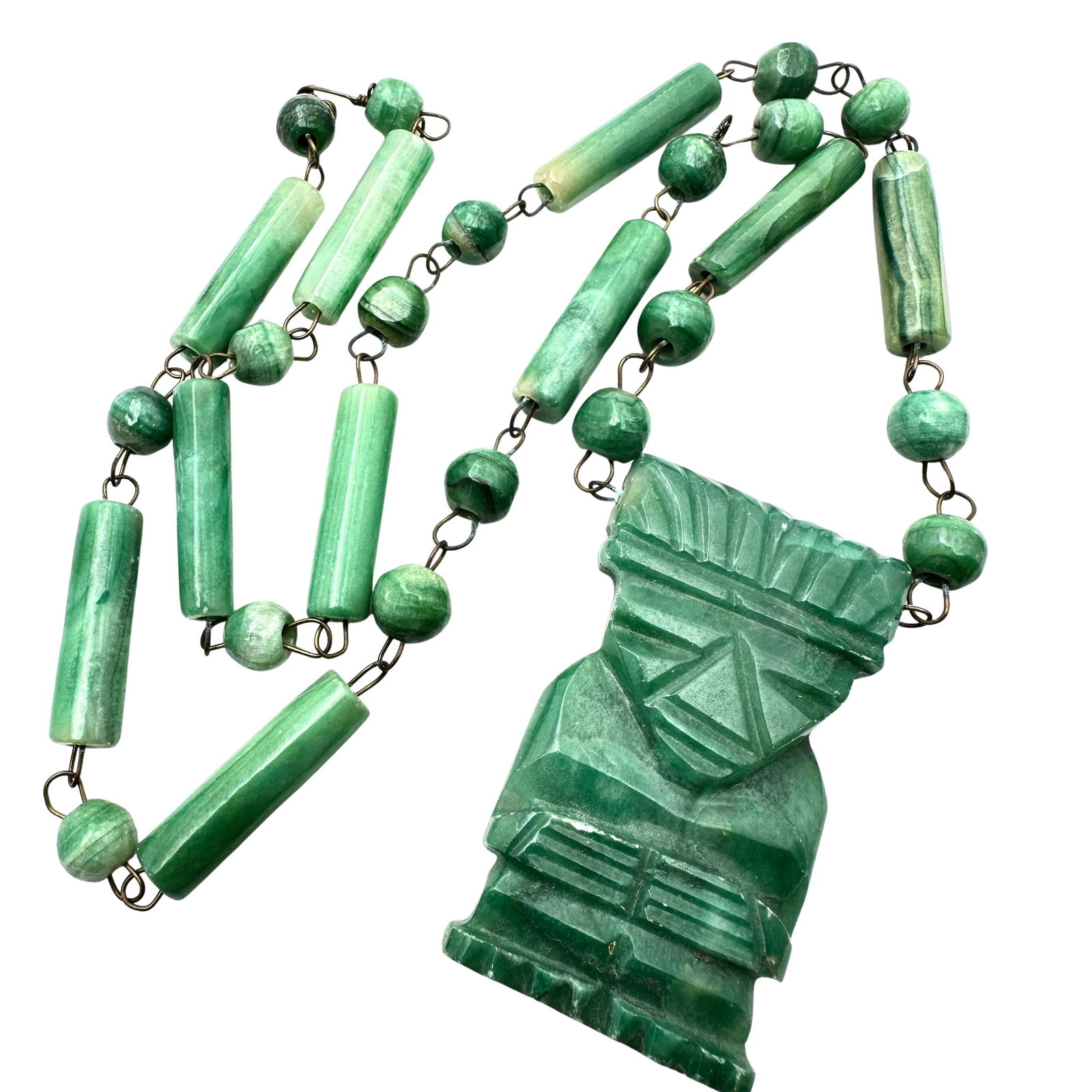 Vintage Aztec Green Gemstone Pendant Necklace 24 Inch 2.5 Inch Pendant (1 of 2)