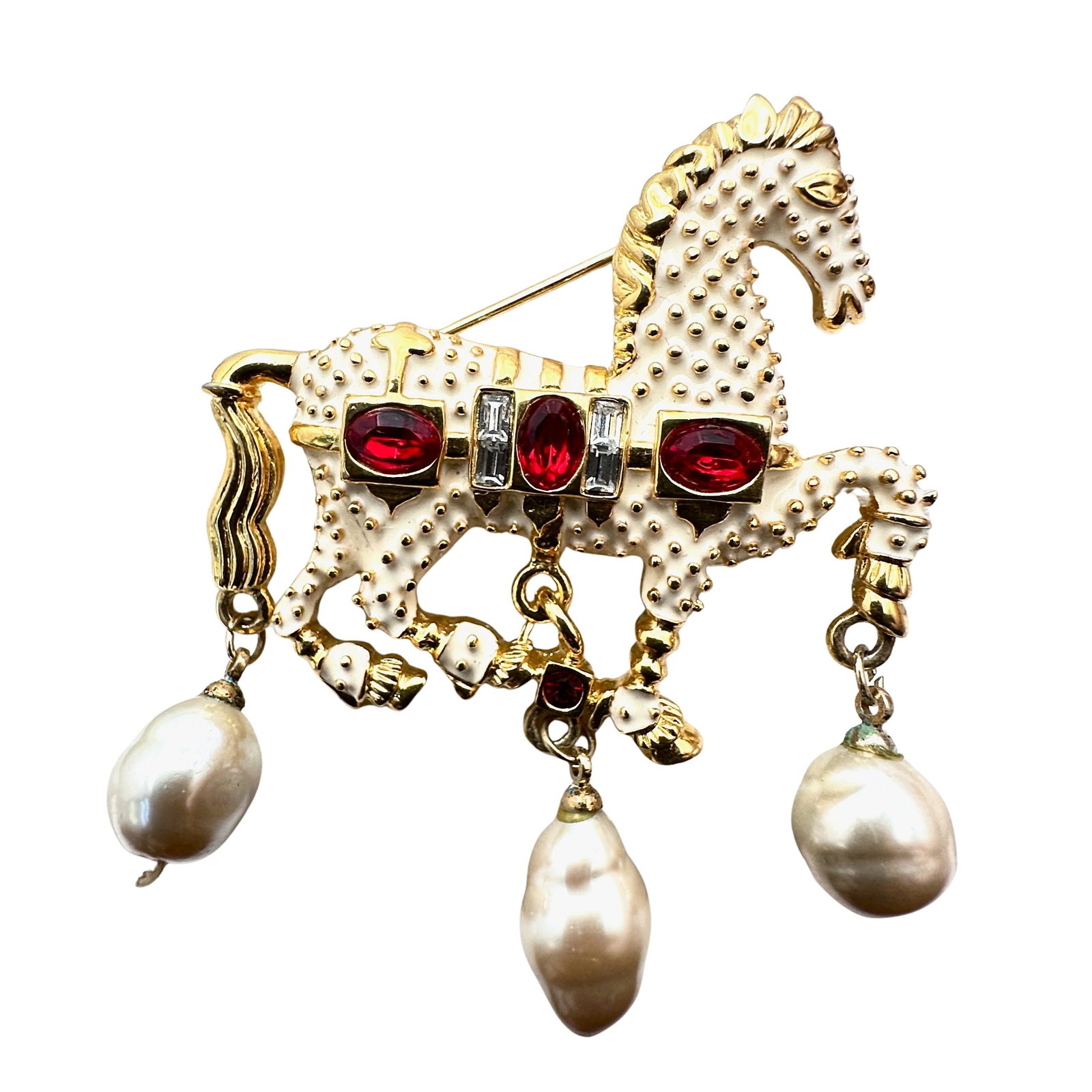 Vintage Horse Brooch Pin Off White Enamel Red Glass Rhinestone Baroque Pearl Drops: Vintage Horse Brooch Pin Off White Enamel Red Glass Rhinestone Baroque Pearl Drops