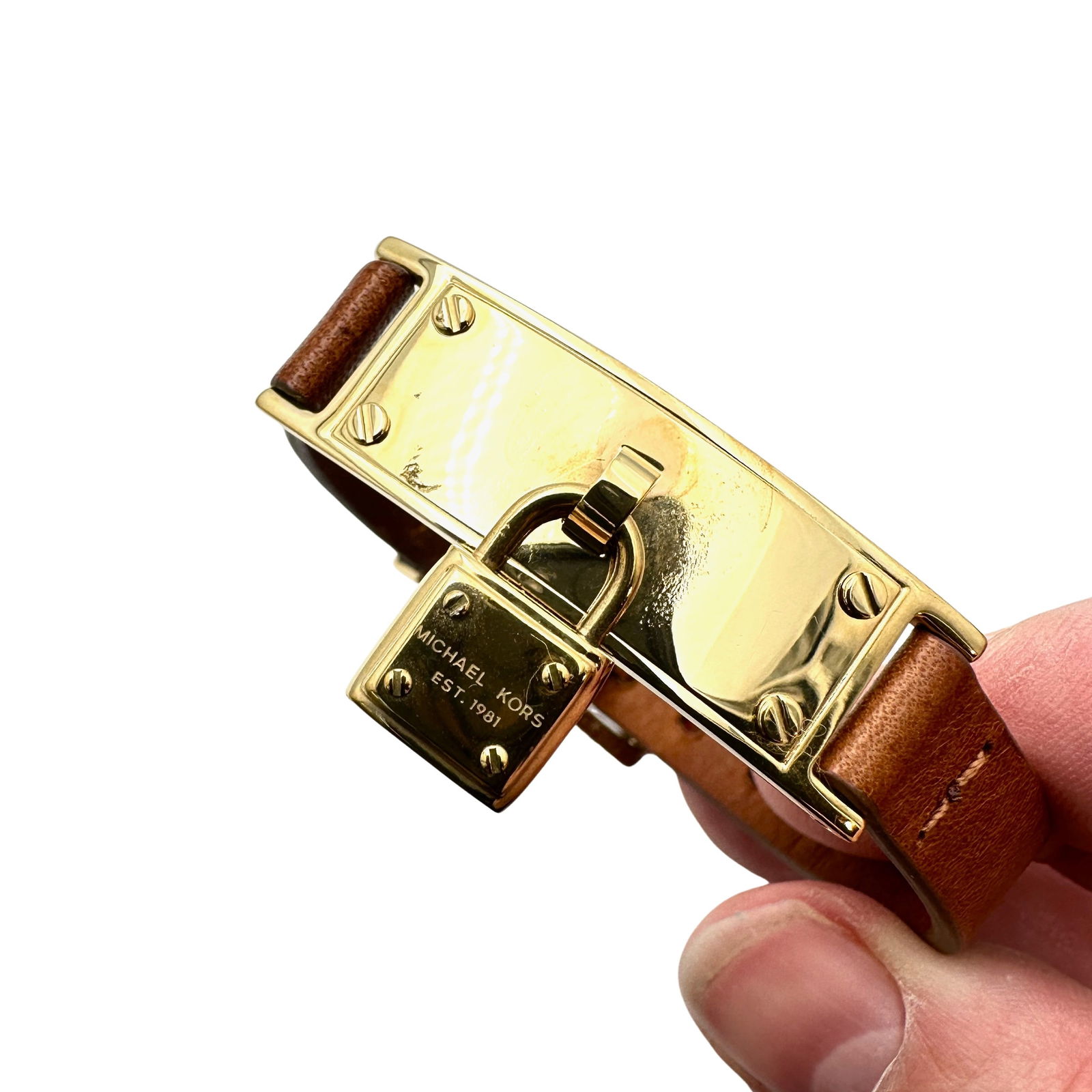 Michael Kors Brown Leather Gold Tone Lock Design Bracelet Fits up to 7 Inch (1 of 2)