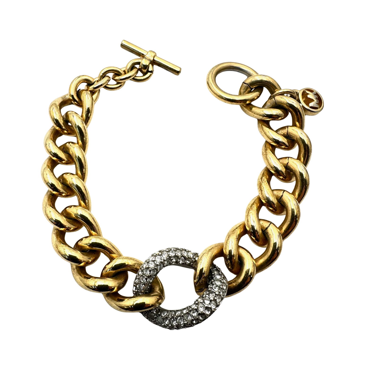 Michael Kors Clear Crystal Gold Tone Heavy Chain Bracelet Toggle Clasp Vintage DisnFits up to 7 Inch (1 of 2)