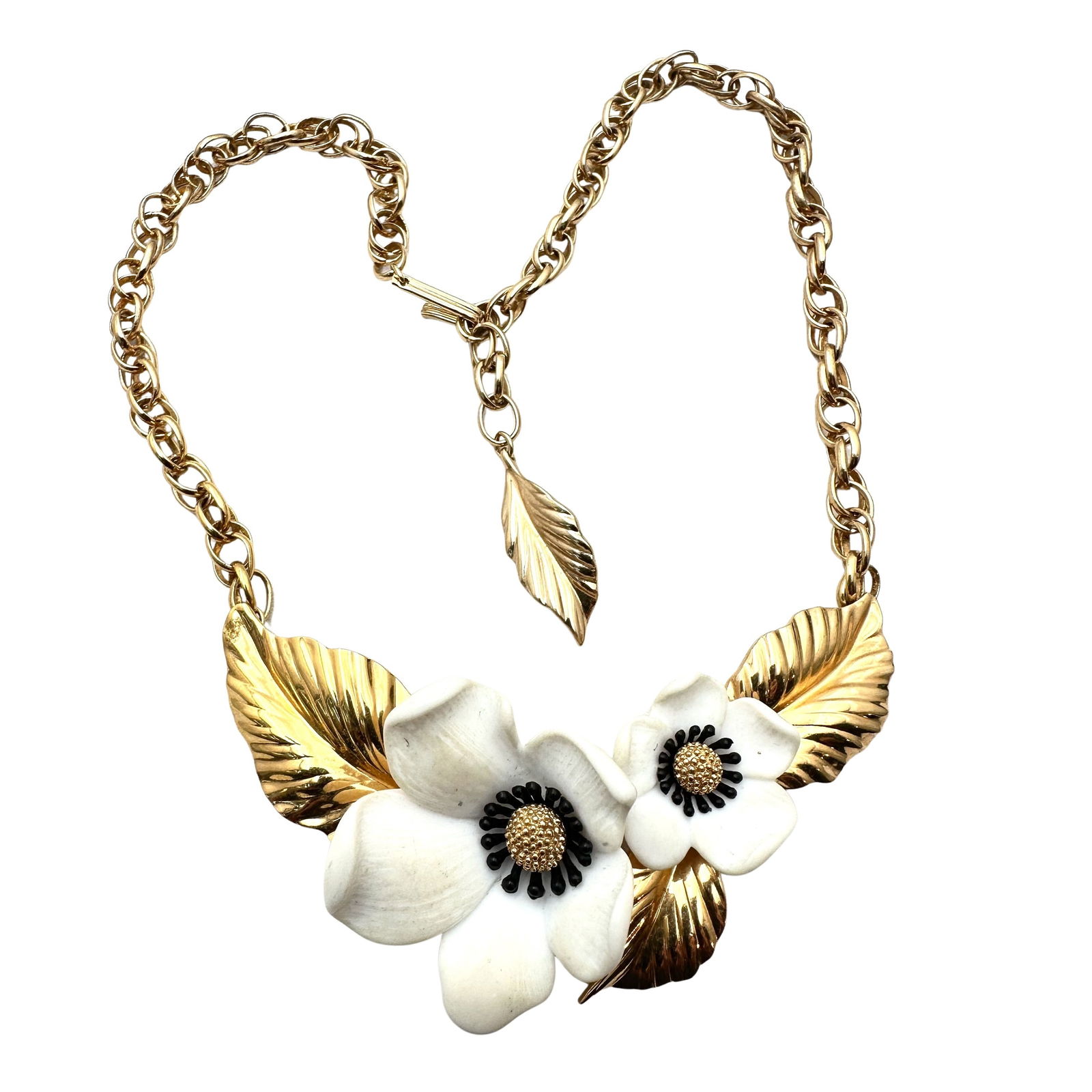 Vintage Louis Feraud Paris 18 Inch Gold Tone White Flower Statement Necklace (1 of 2)