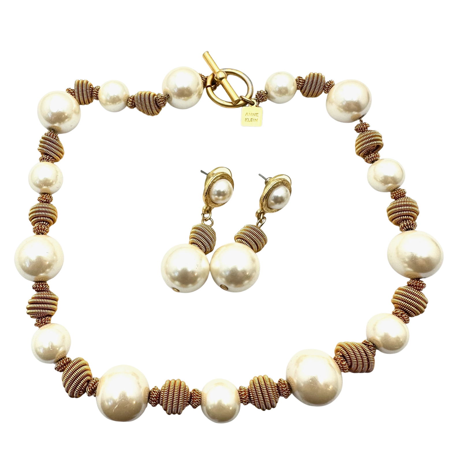 Vintage Anne Klein Faux Glass Pearl Necklace 16 Inch Pierced Earrings Set: Vintage Anne Klein Faux Glass Pearl Necklace 16 Inch Pierced Earrings Set