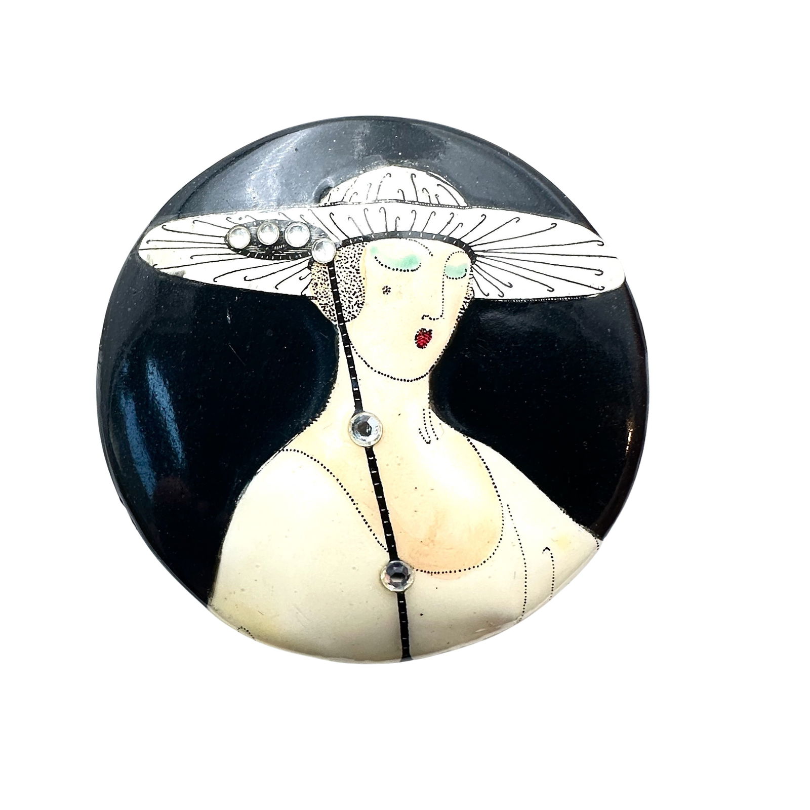 Vintage Artist Signed Hand Painted Brooch Lady In Hat 2.5 Inch (1 of 2)