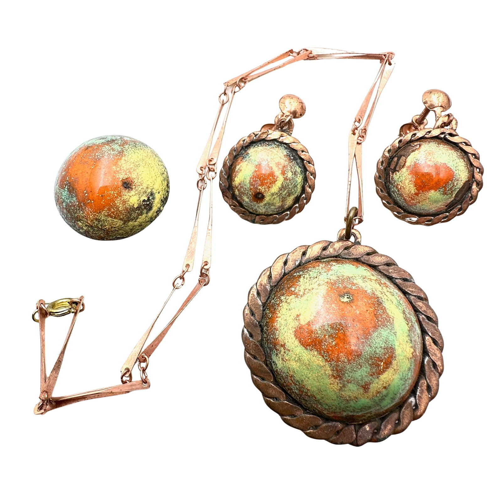 Vintage Mid Century Modern Copper Enamel Pendant Necklace 18 Inch Screw Back Earrings Adjustable: Vintage Mid Century Modern Copper Enamel Pendant Necklace 18 Inch Screw Back Earrings Adjustable Ring