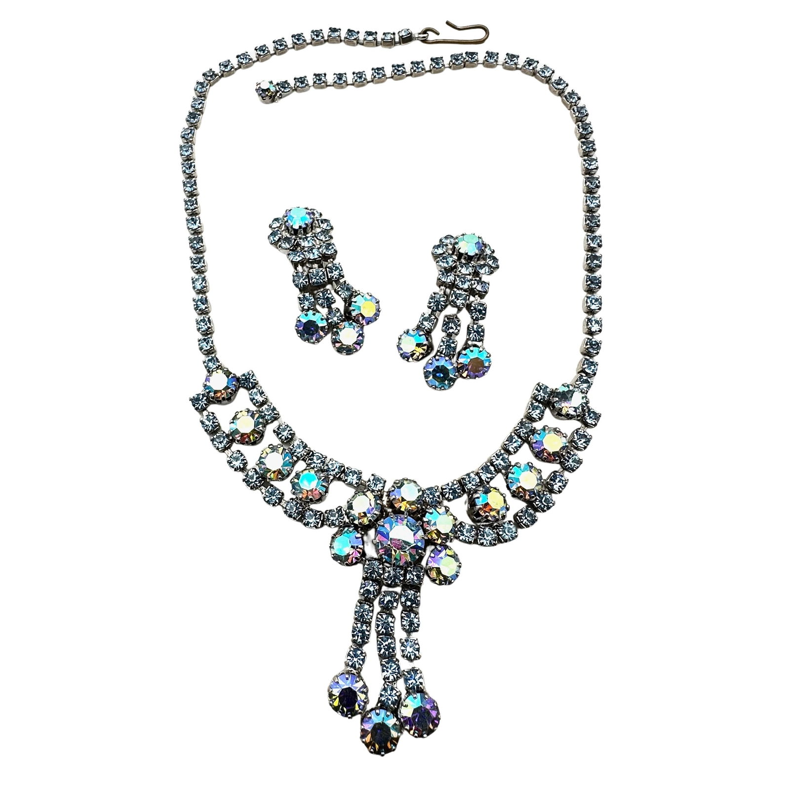 Vintage High End Blue Aurora Borealis Glass Rhinestone Silver Tone 16 Inch Necklace Clip Earrings (1 of 2)