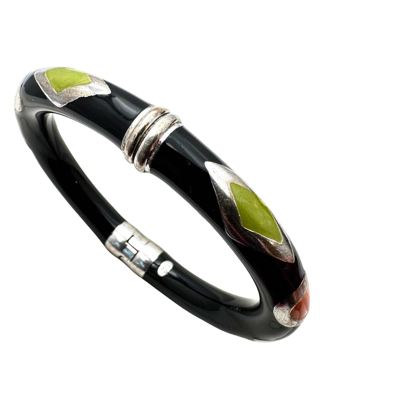 Vintage Italy Sterling Silver Black Green Orange Enamel Hinged Bangle Bracelet 7.25 Inch 42 Grams (1 of 2)
