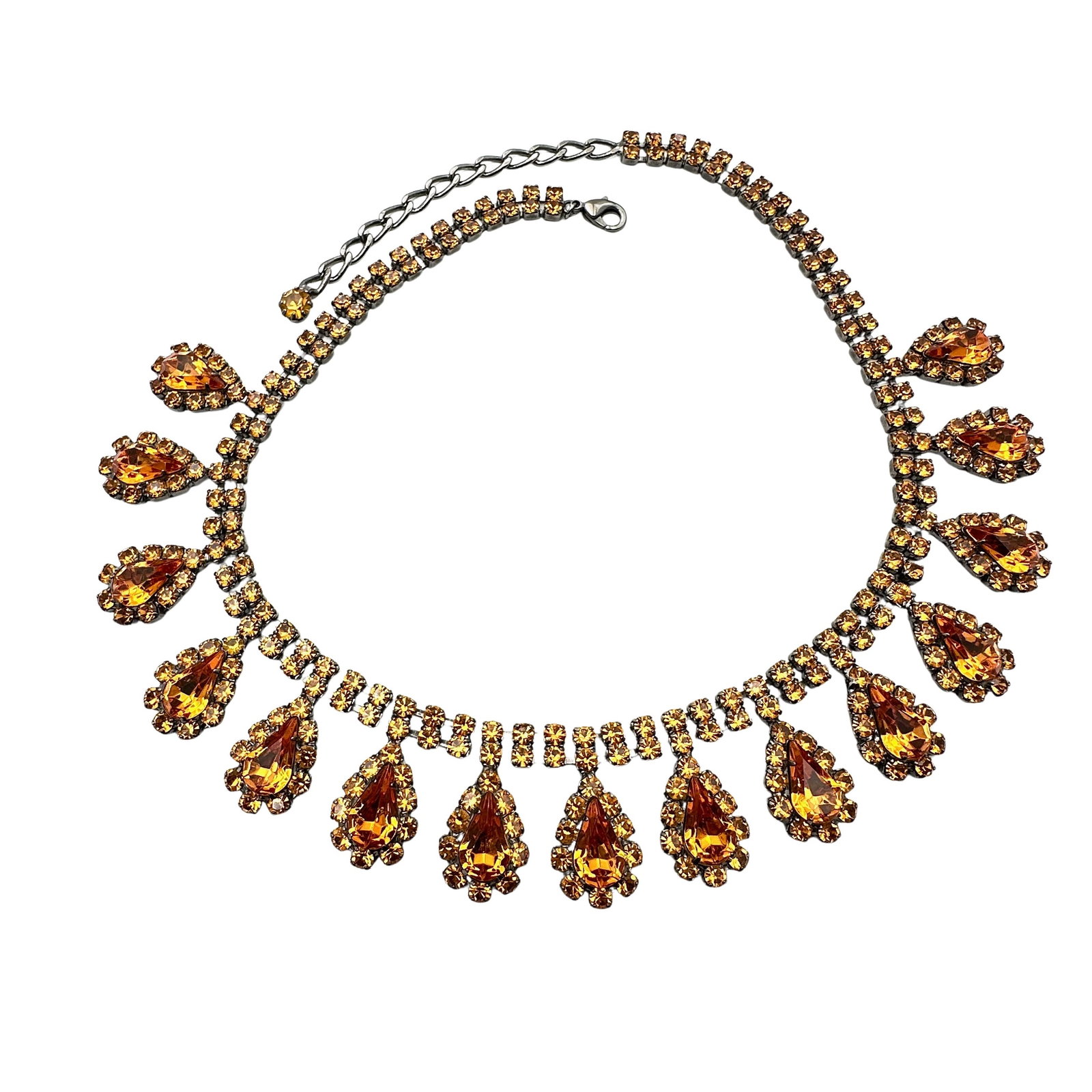 Amber Colored Glass Rhinestone Gunmetal Silver Tone Necklace 16 to 18 Inch Pristine Condition: Amber Colored Glass Rhinestone Gunmetal Silver Tone Necklace 16 to 18 Inch Pristine Condition