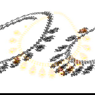 Amber Colored Glass Rhinestone Gunmetal Silver Tone Necklace 16 to 18 Inch Pristine Condition: Amber Colored Glass Rhinestone Gunmetal Silver Tone Necklace 16 to 18 Inch Pristine Condition