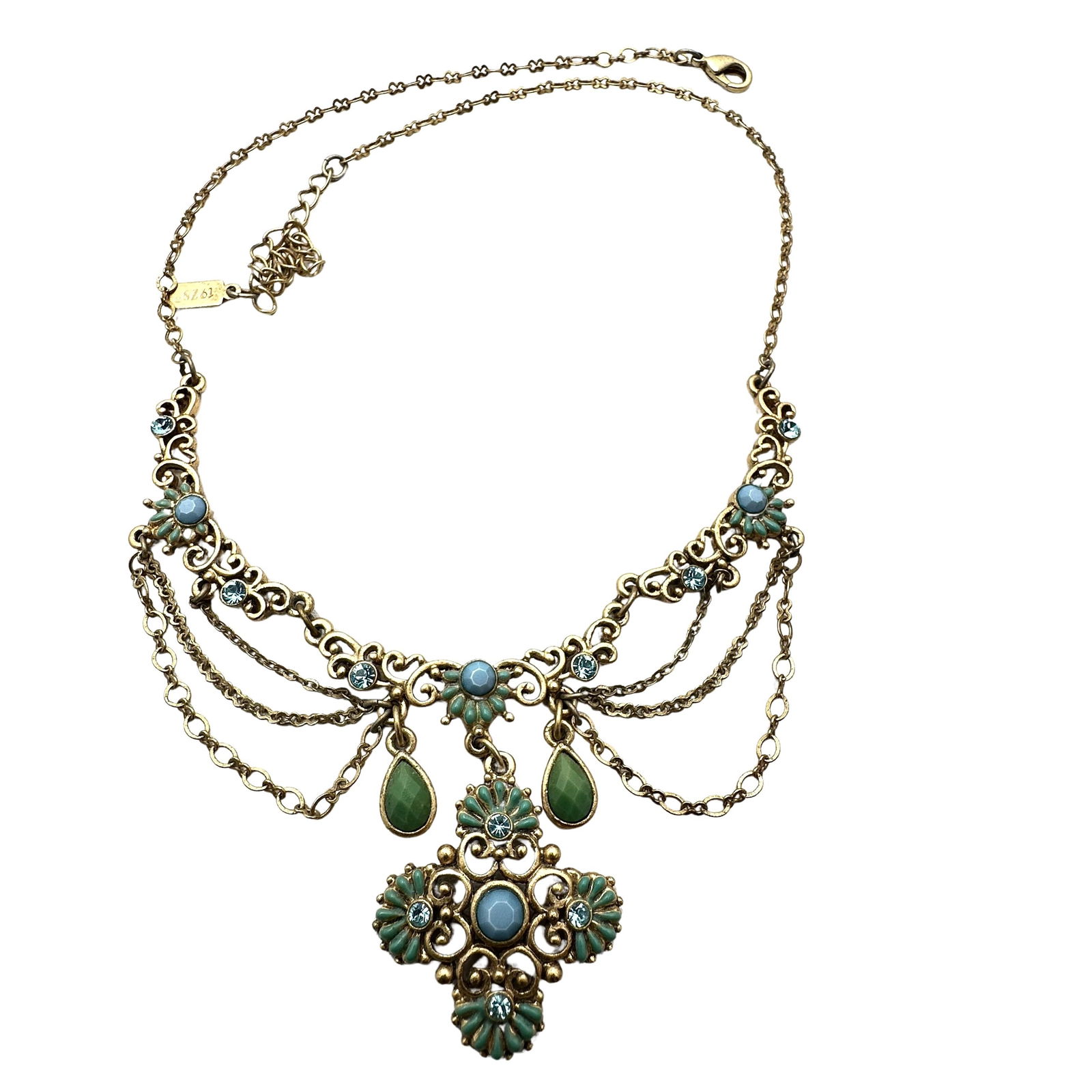 Vintage 1928 Victorian Revival Blue Green Rhinestone Gold Tone Necklace 18 Inch: Vintage 1928 Victorian Revival Blue Green Rhinestone Gold Tone Necklace 18 Inch