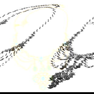 Vintage 1928  Victorian Revival Blue Green Rhinestone Gold Tone Necklace 18 Inch: Vintage 1928 Victorian Revival Blue Green Rhinestone Gold Tone Necklace 18 Inch