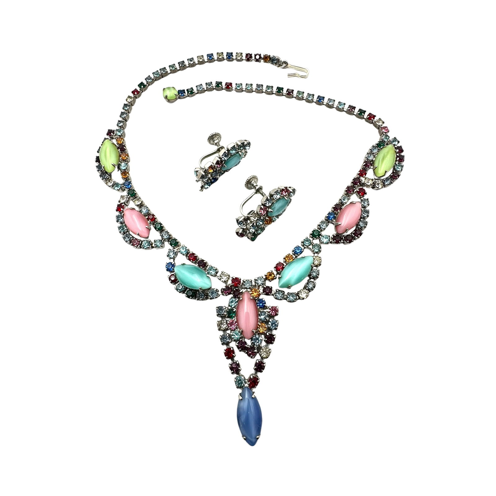 Vintage Multicolor Glass Rhinestone Silver Tone Necklace Screw Back Earrings Set: Vintage Multicolor Glass Rhinestone Silver Tone Necklace Screw Back Earrings Set