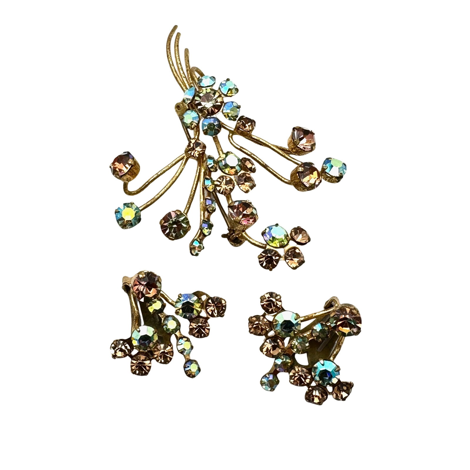 Vintage Czech Glass Amber Aurora Borealis Rhinestone Gold tone Brooch Clip Earrings: Vintage Czech Glass Amber Aurora Borealis Rhinestone Gold tone Brooch Clip Earrings