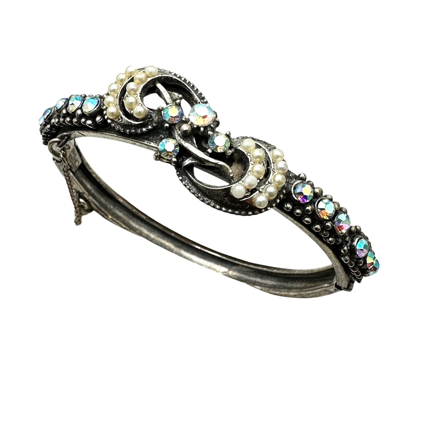 Vintage Florenza Silver Tone Aurora Borealis Rhinestone Faux Pearl Hinged Bracelet 6.5 Inch (1 of 2)